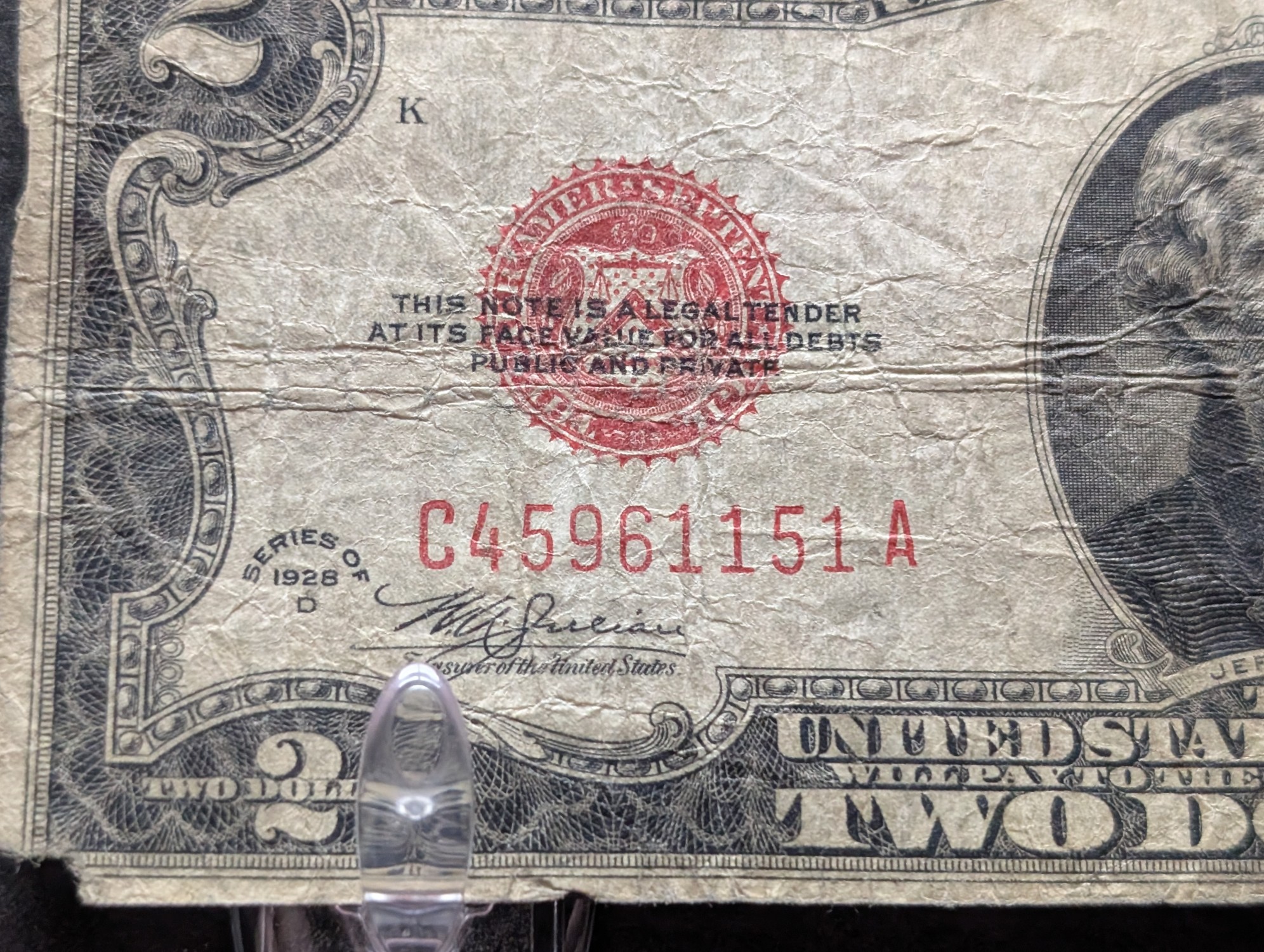 1928 D & 1928 G $2 Red Seal Notes - Avg. and Crisp Uncirculated