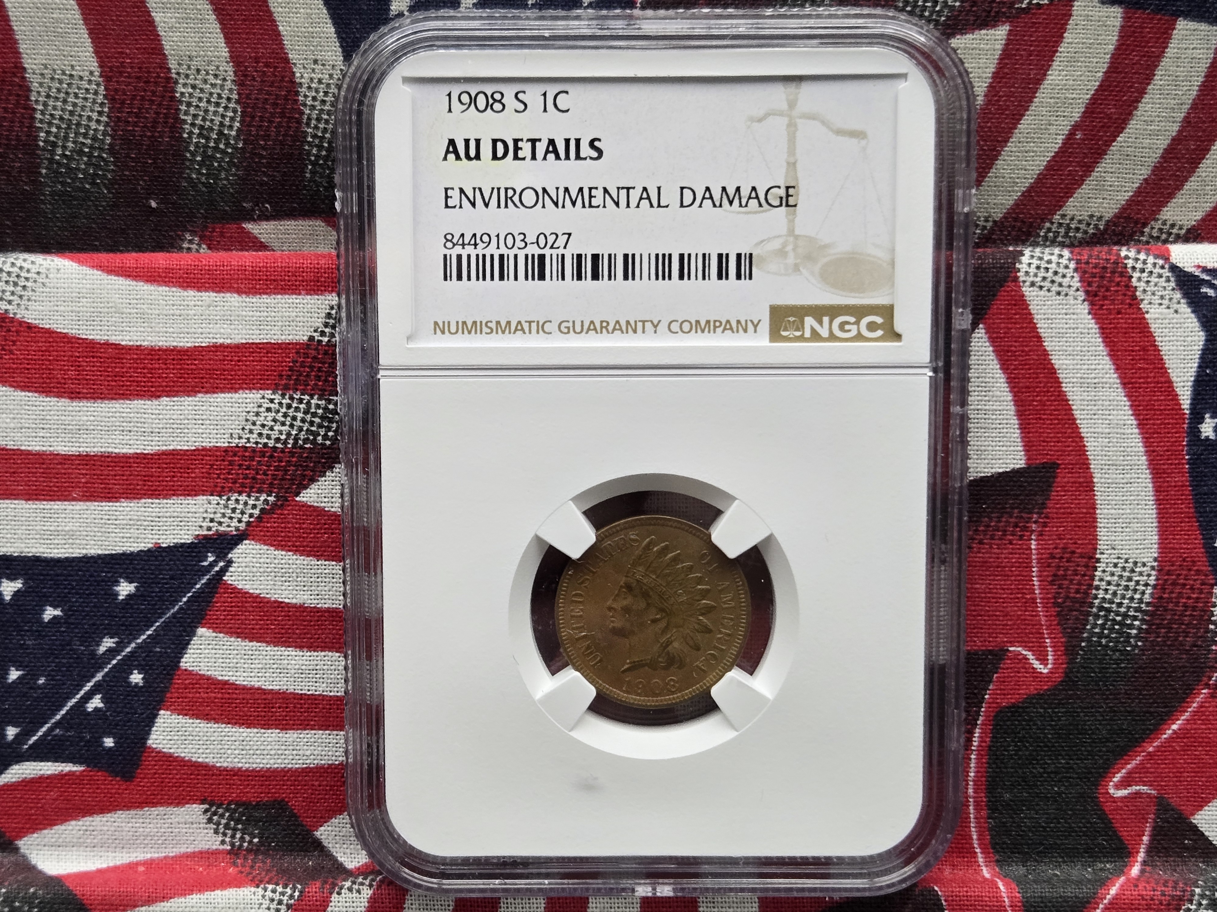 1908-S Indian Head Cent NGC AU Details (Environmental) - Key Date