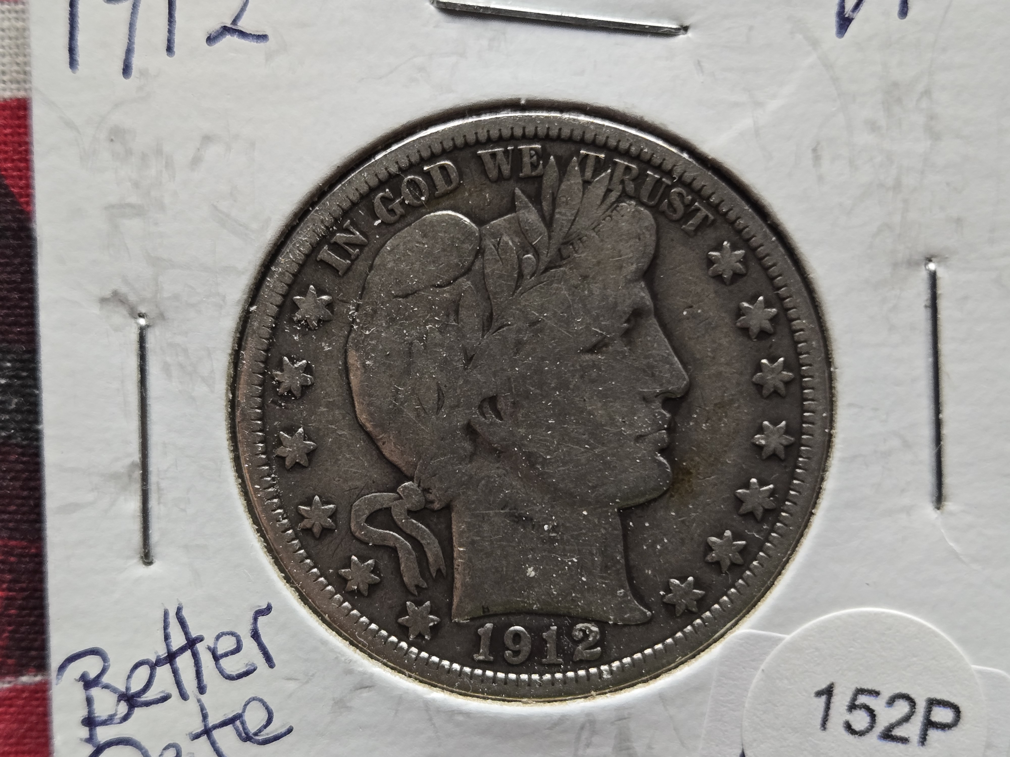 1912 Barber 90% Silver Half Dollar - VF, Better Date