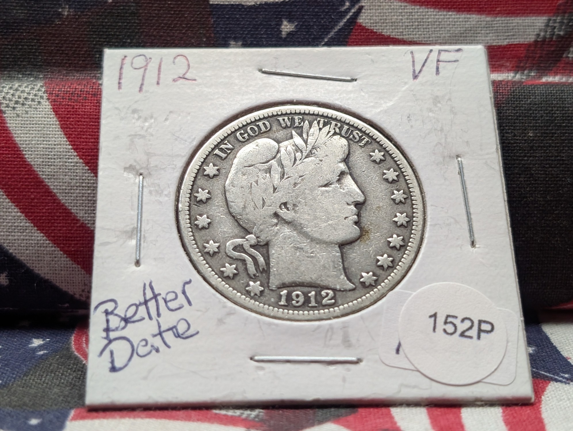 1912 Barber 90% Silver Half Dollar - VF, Better Date