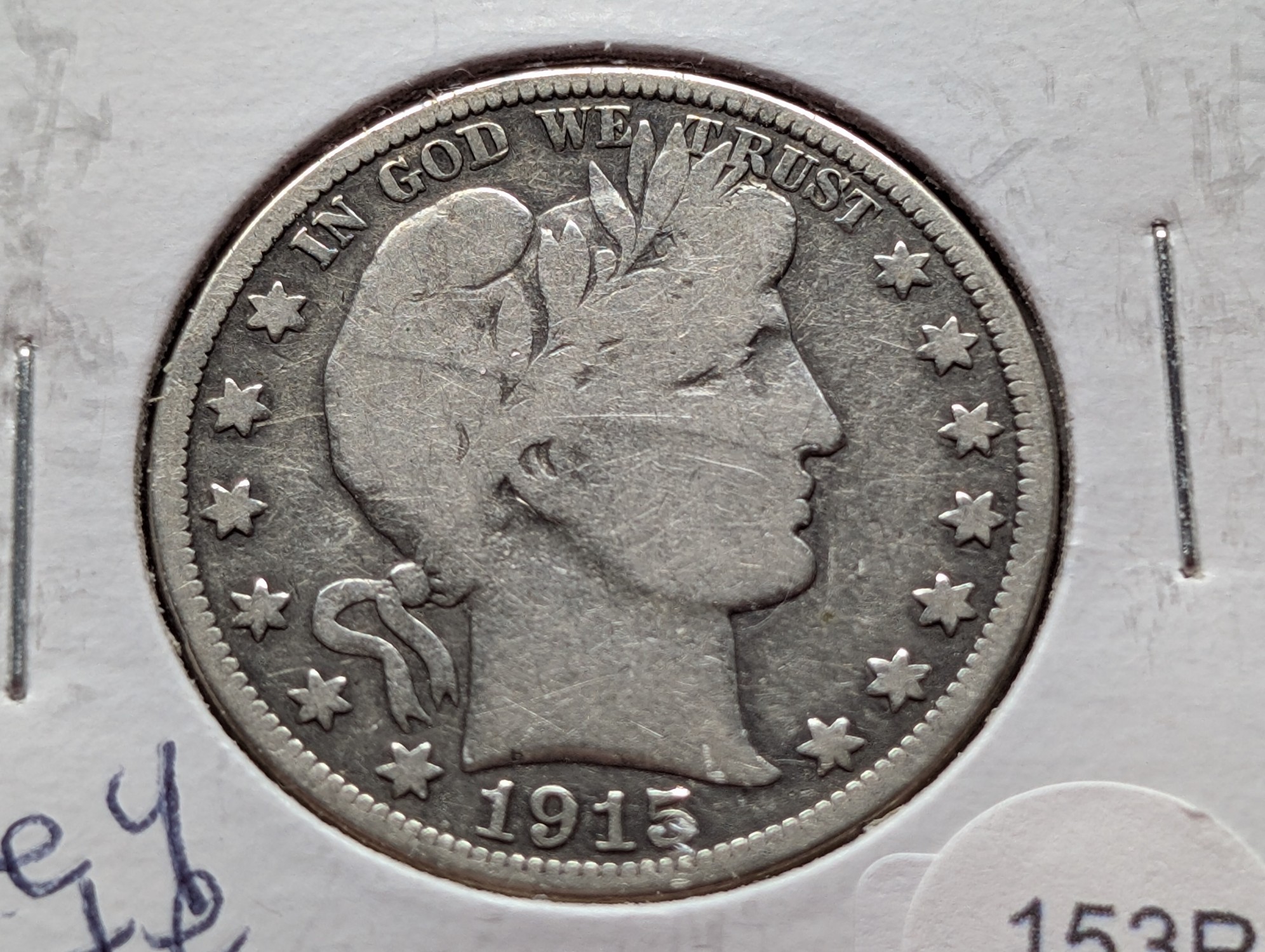 1915 Barber 90% Silver Half Dollar - VG, Key Date