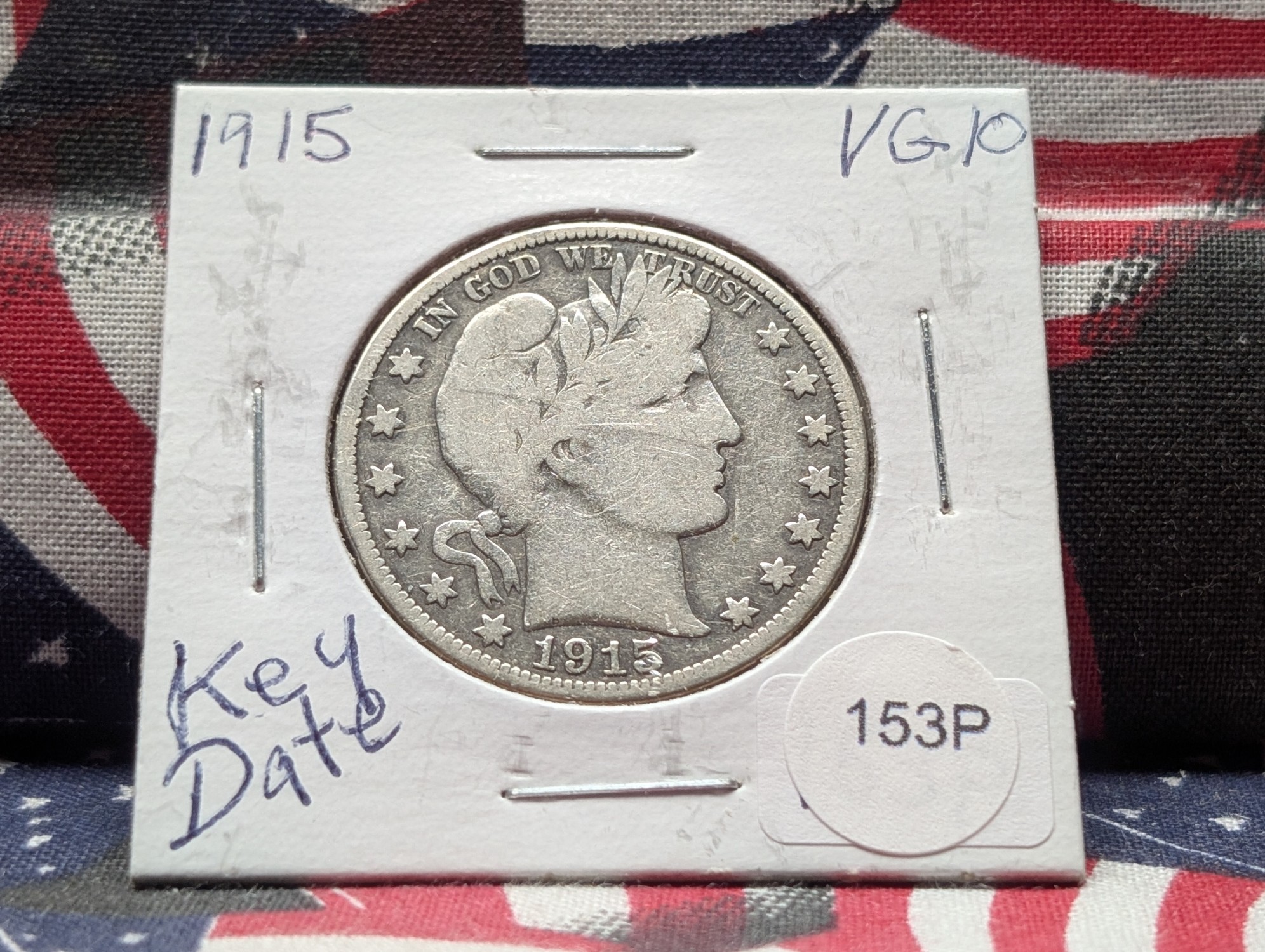 1915 Barber 90% Silver Half Dollar - VG, Key Date