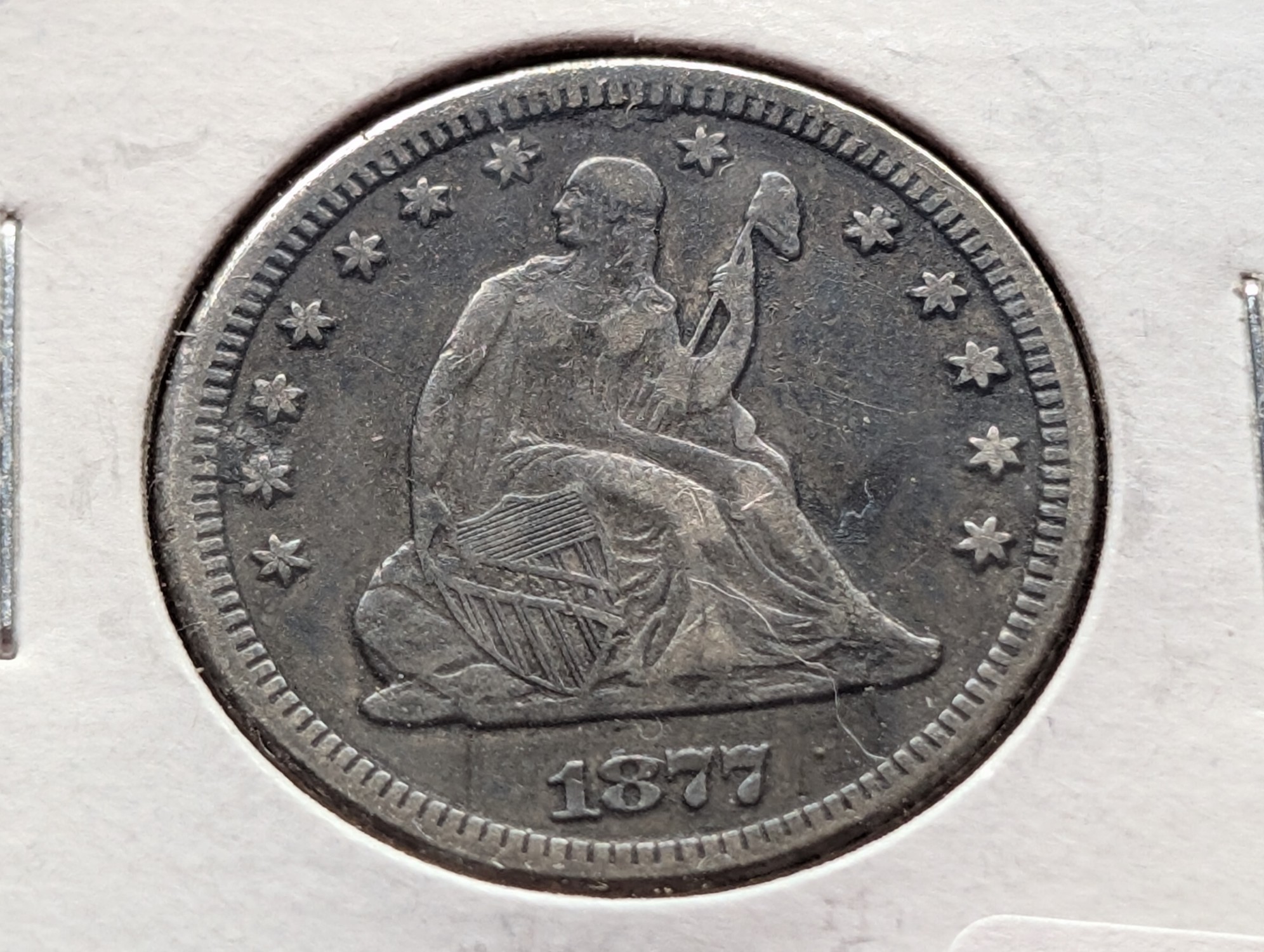 1877-CC Seated Liberty 90% Silver Quarter - VF