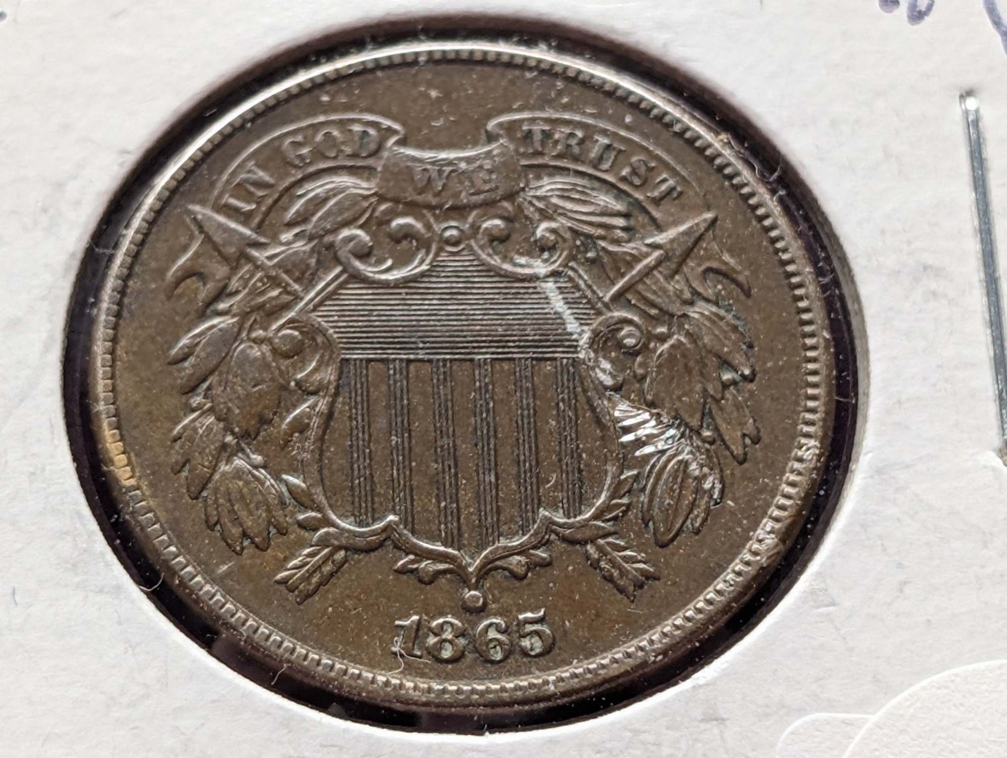 1865 Two Cent Piece - XF, Bold "We"