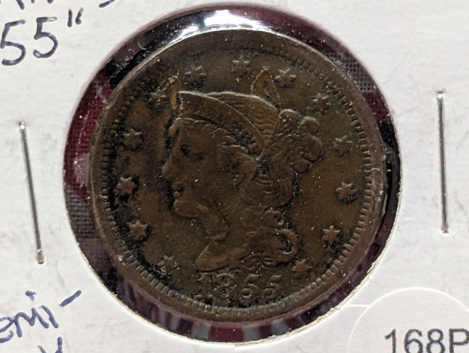 1855 Braided Hair Large Cent Slanting "55" Variety - VF, Semi Key Date