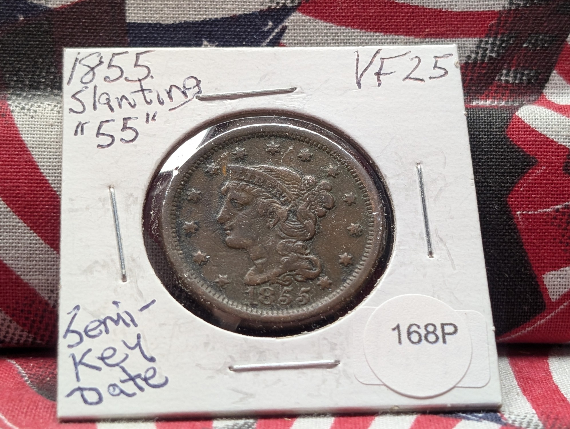 1855 Braided Hair Large Cent Slanting "55" Variety - VF, Semi Key Date