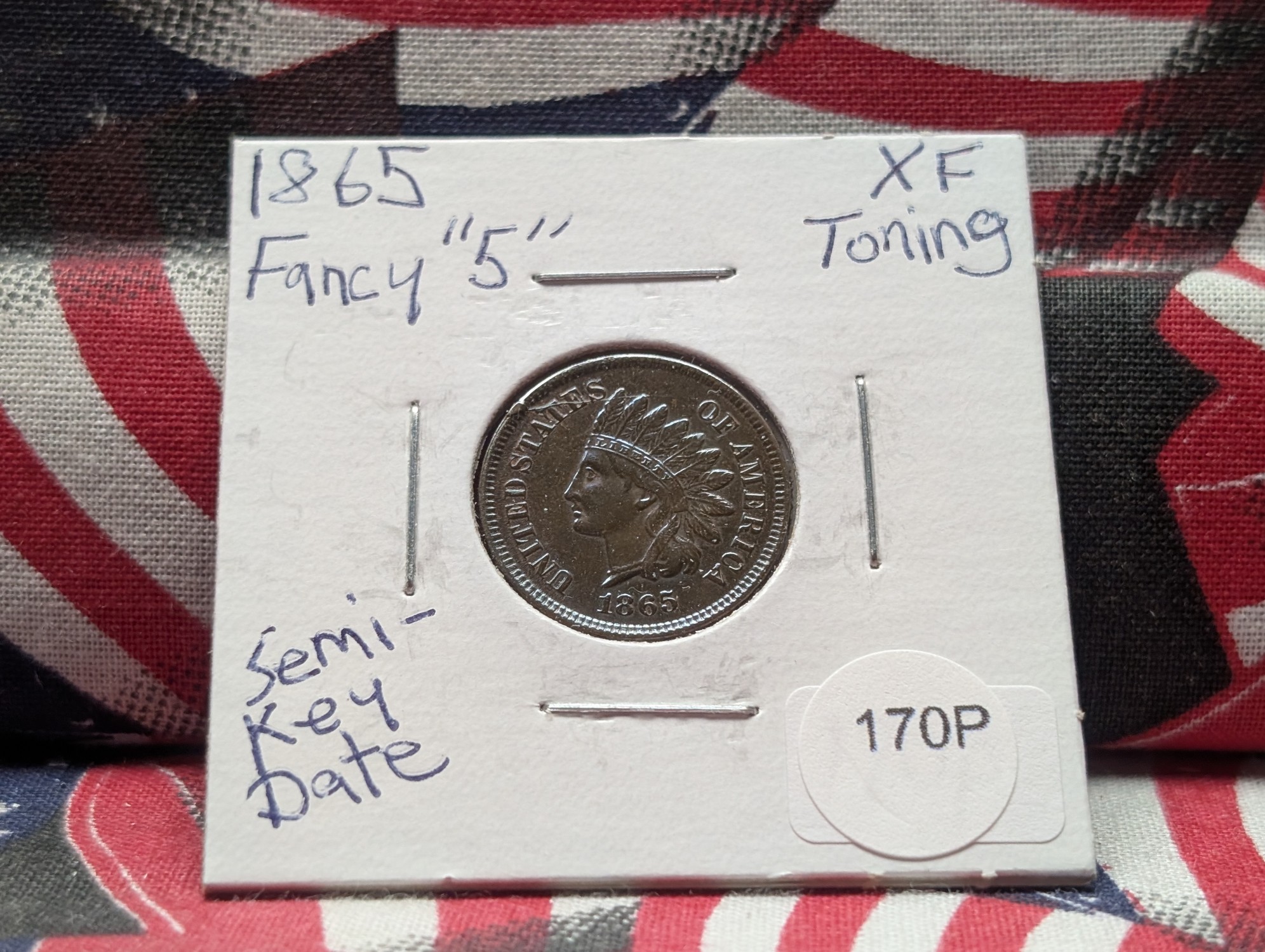1865 Indian Head Cent Fancy "5" Variety - XF, Toning, Semi Key Date