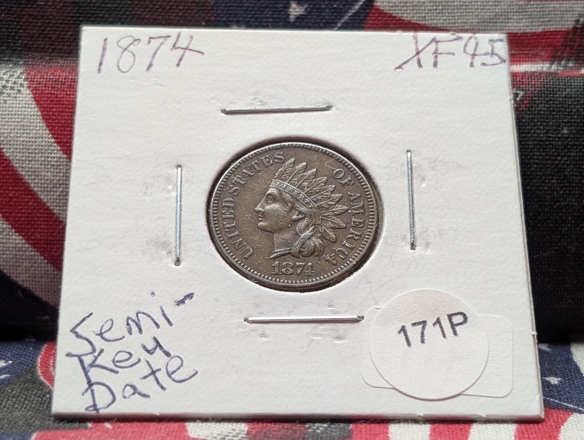 1874 Indian Head Cent - XF, Semi Key Date