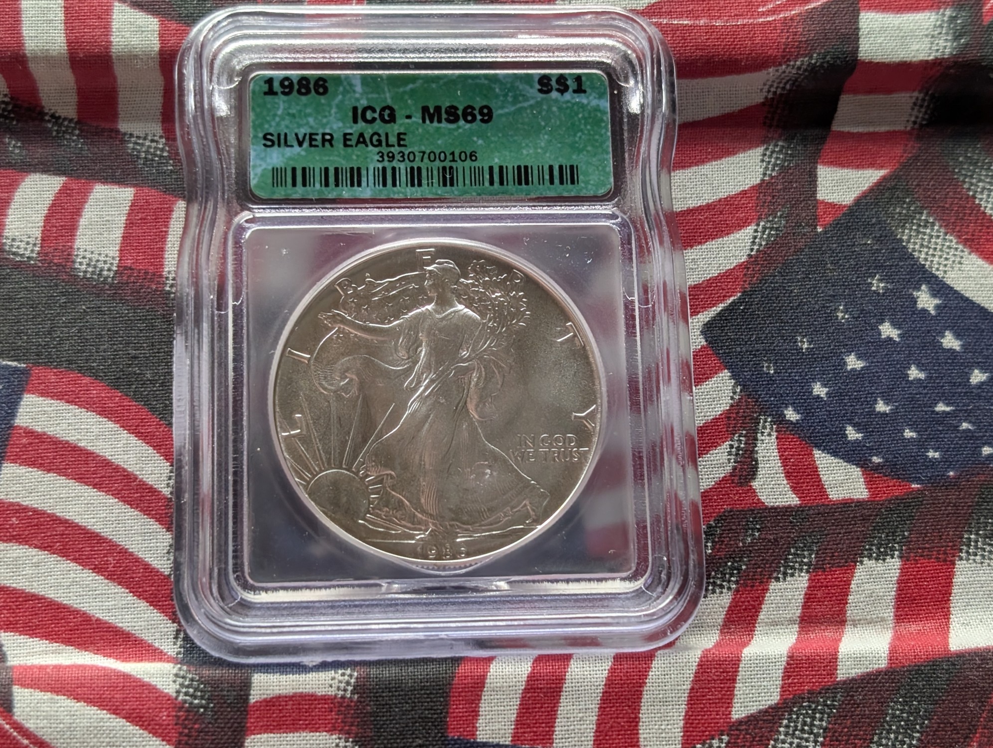 1986 American Silver Eagle 1 Troy Oz. .999 Fine Silver ICG MS69 - First Year Issue