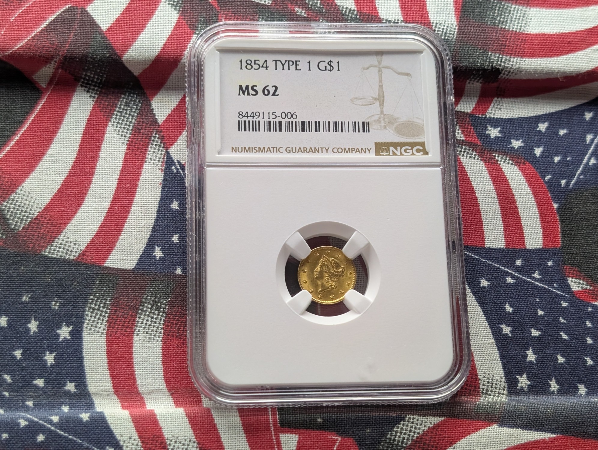 1854 Type 1 Liberty Head 90% Gold Dollar NGC MS62 - Key Coin