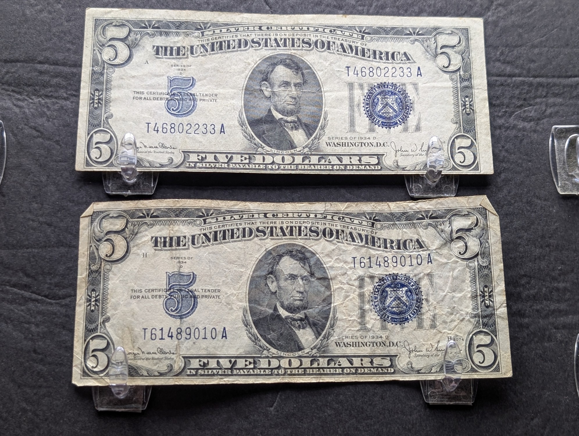 (2) 1934 D Series $5 Silver Certificates - (1) Well Off Center