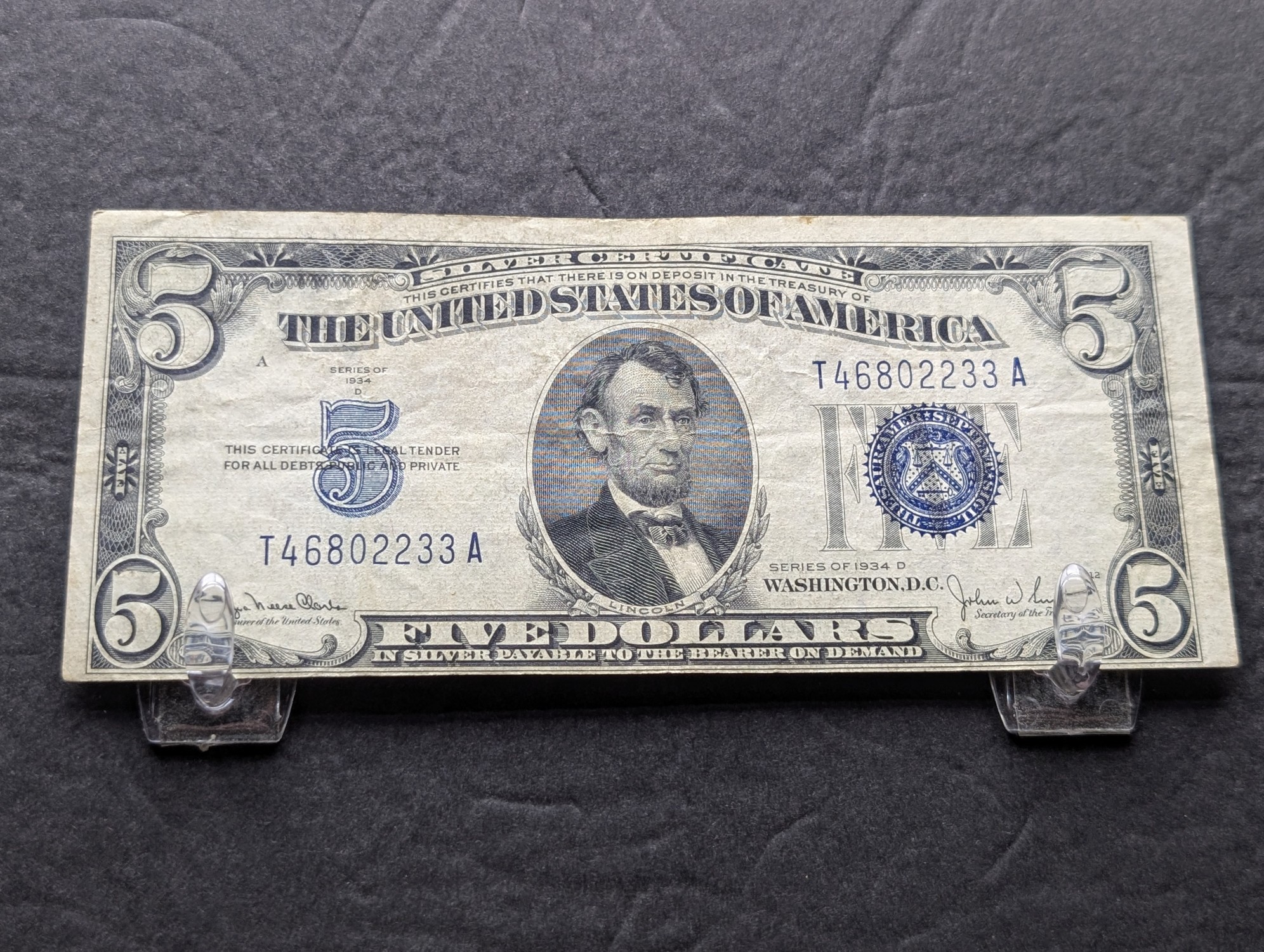 (2) 1934 D Series $5 Silver Certificates - (1) Well Off Center