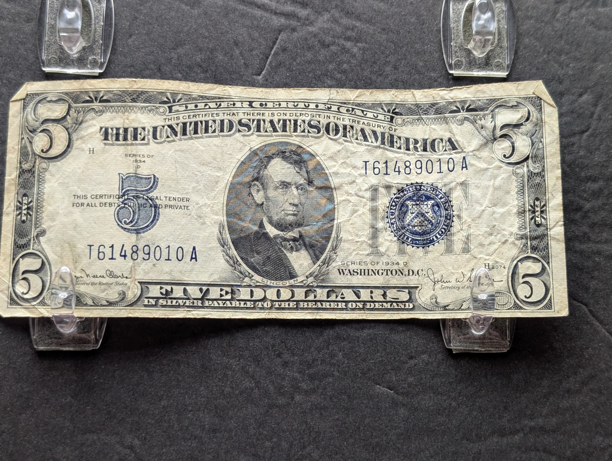 (2) 1934 D Series $5 Silver Certificates - (1) Well Off Center