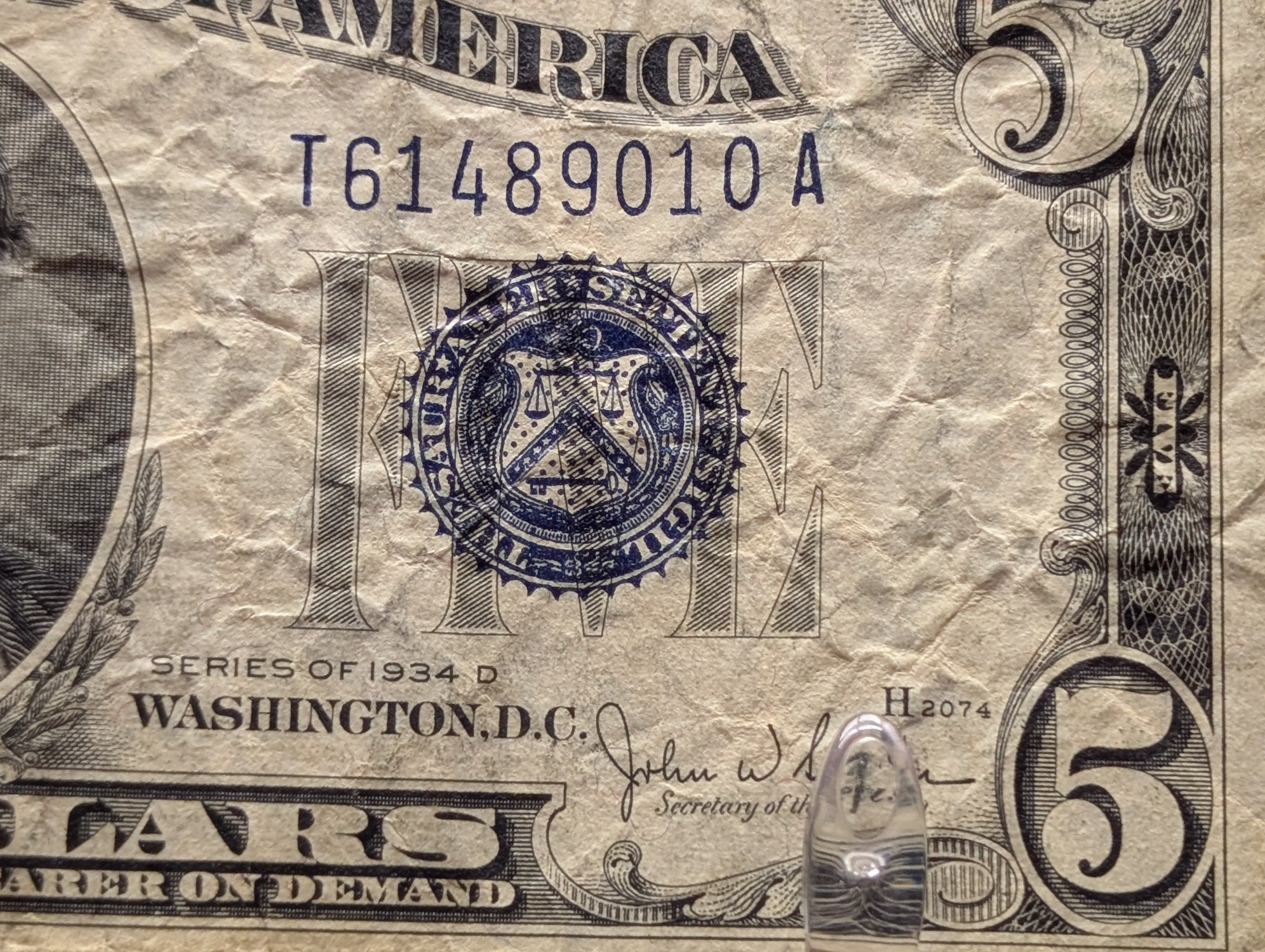 (2) 1934 D Series $5 Silver Certificates - (1) Well Off Center