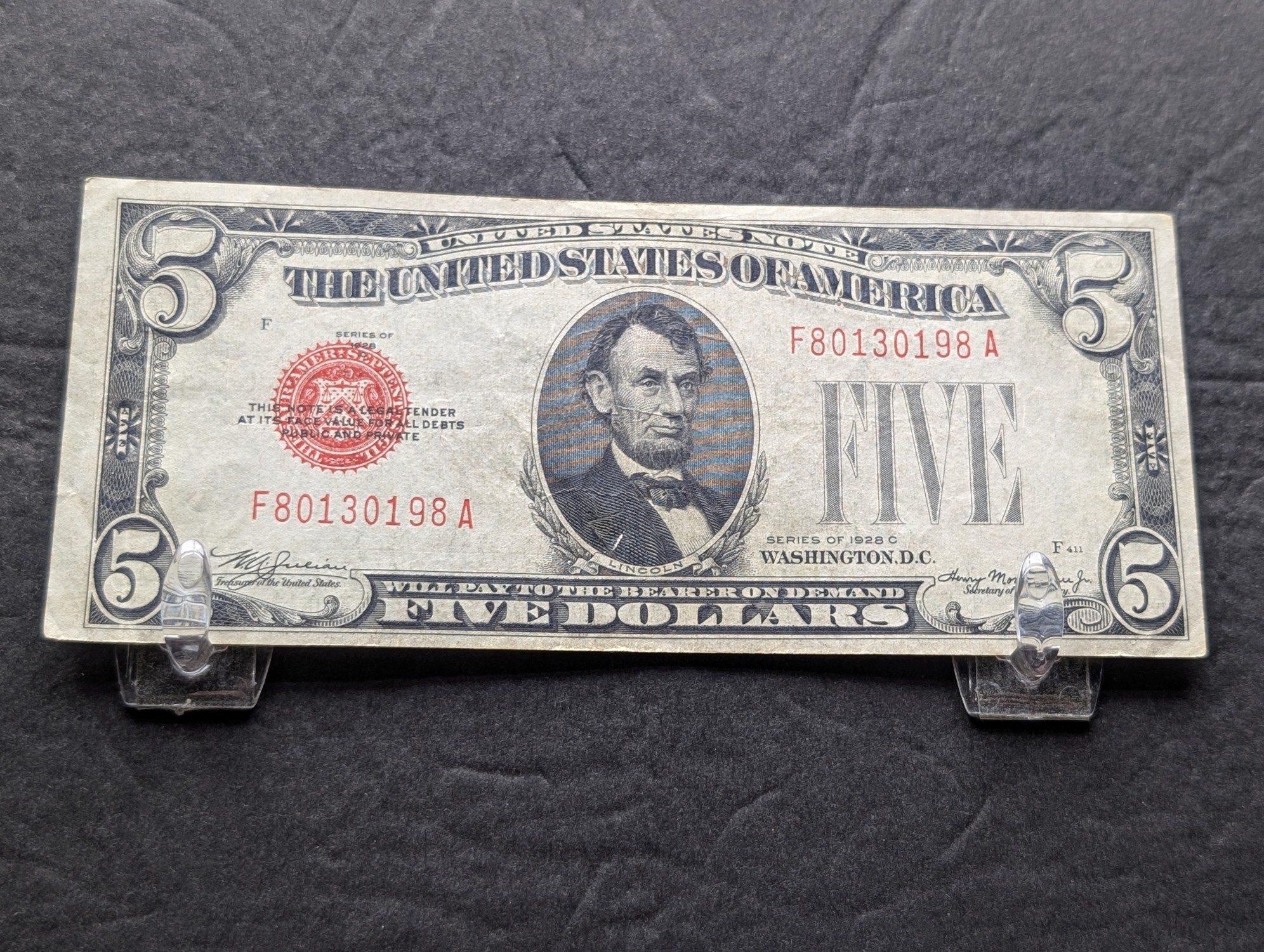 1928 C Series $5 United States Red Seal Note - Very Nice Note