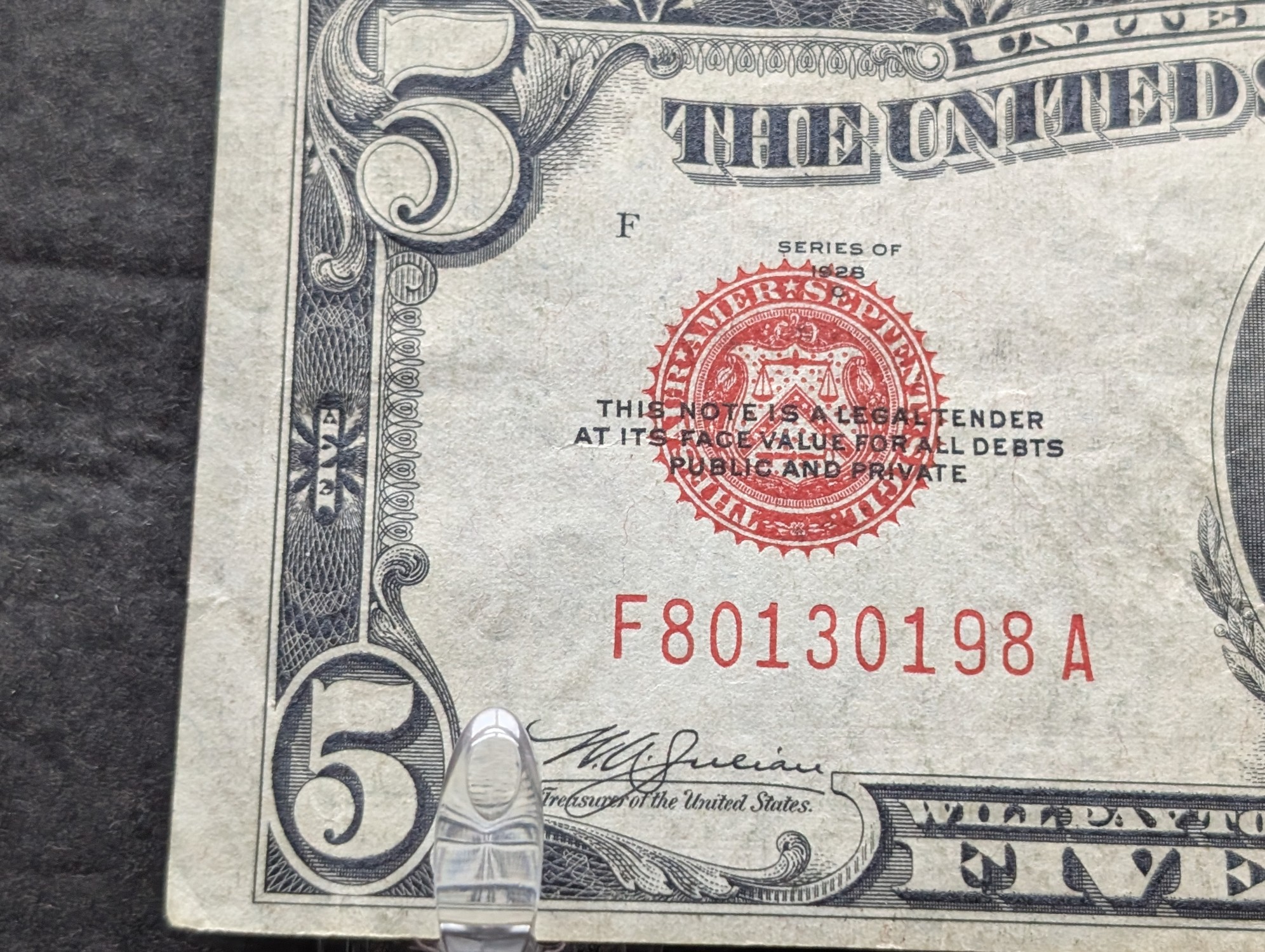 1928 C Series $5 United States Red Seal Note - Very Nice Note