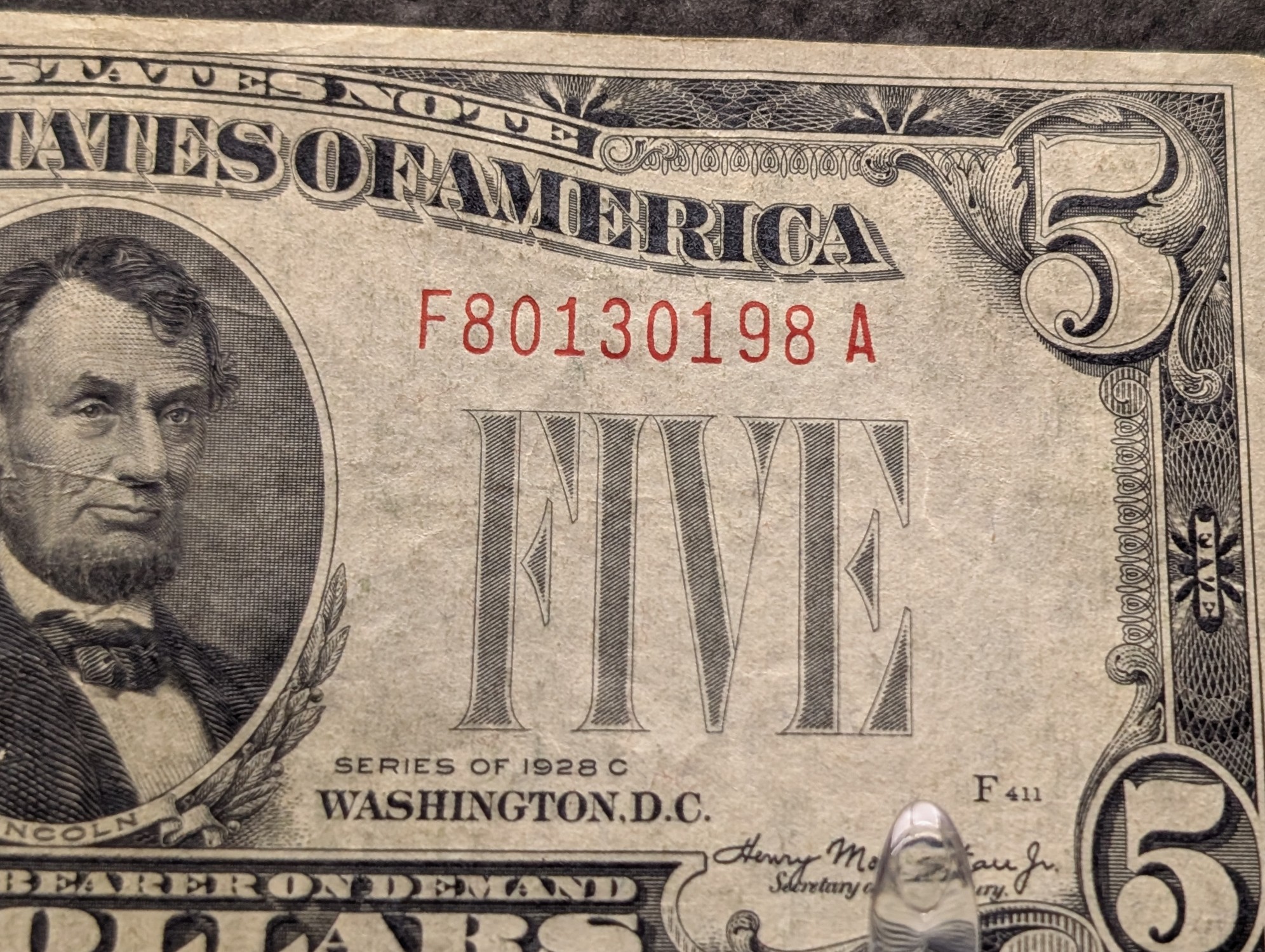 1928 C Series $5 United States Red Seal Note - Very Nice Note
