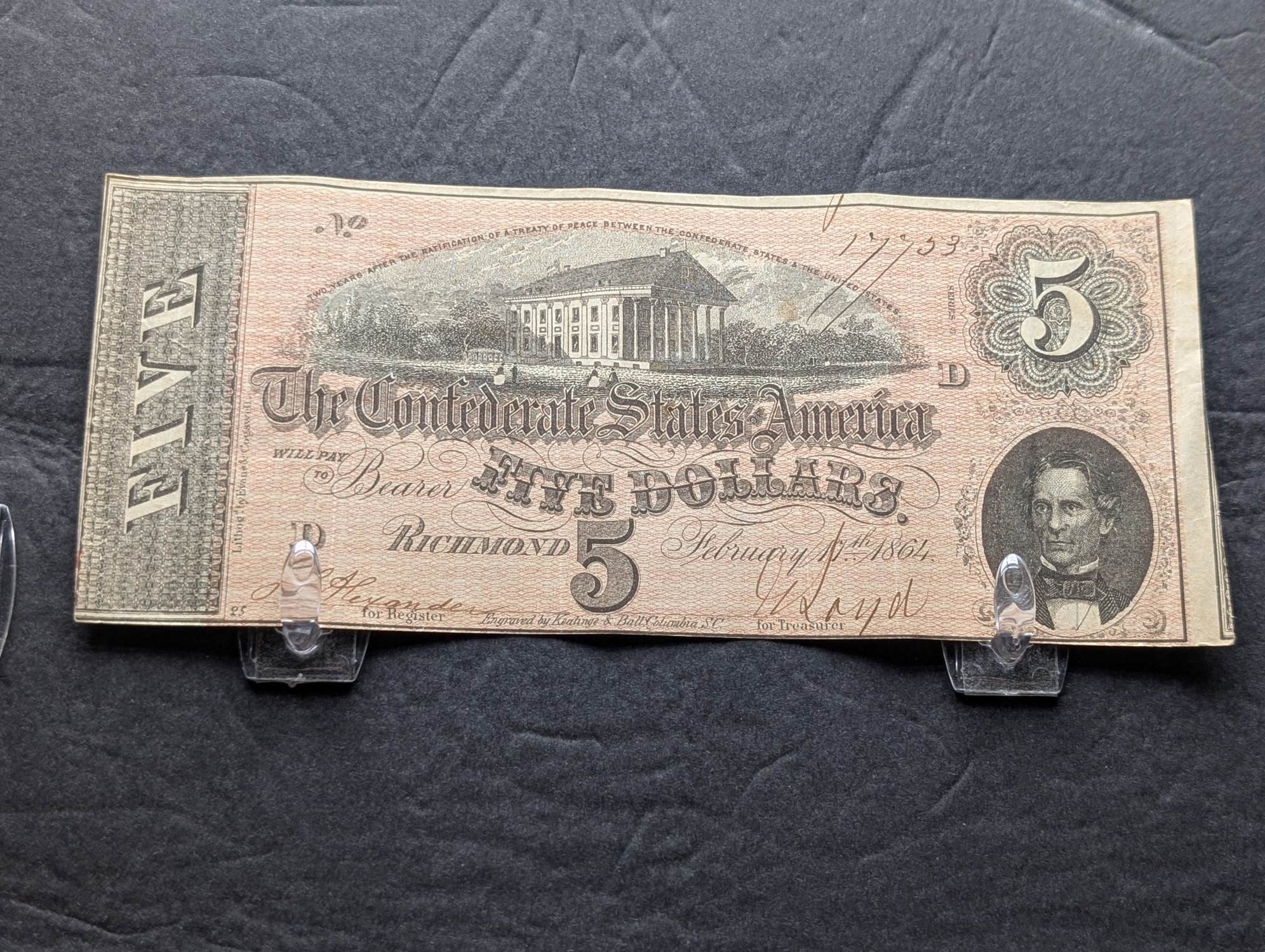 1864 $5 Confederate States of America Note - Very Nice Note