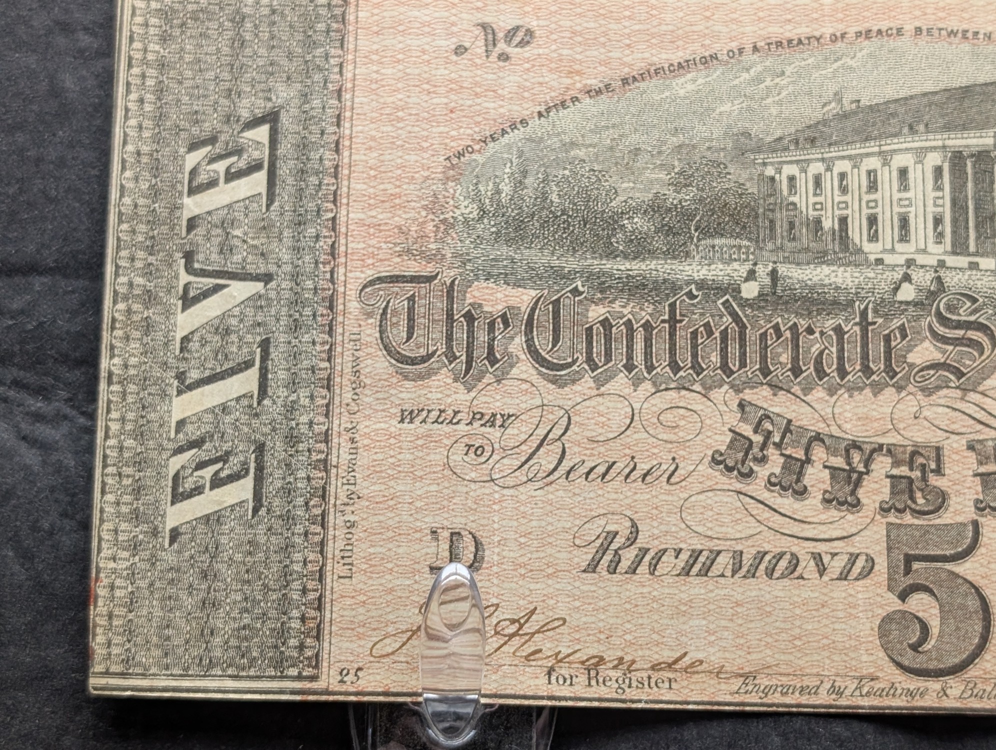1864 $5 Confederate States of America Note - Very Nice Note