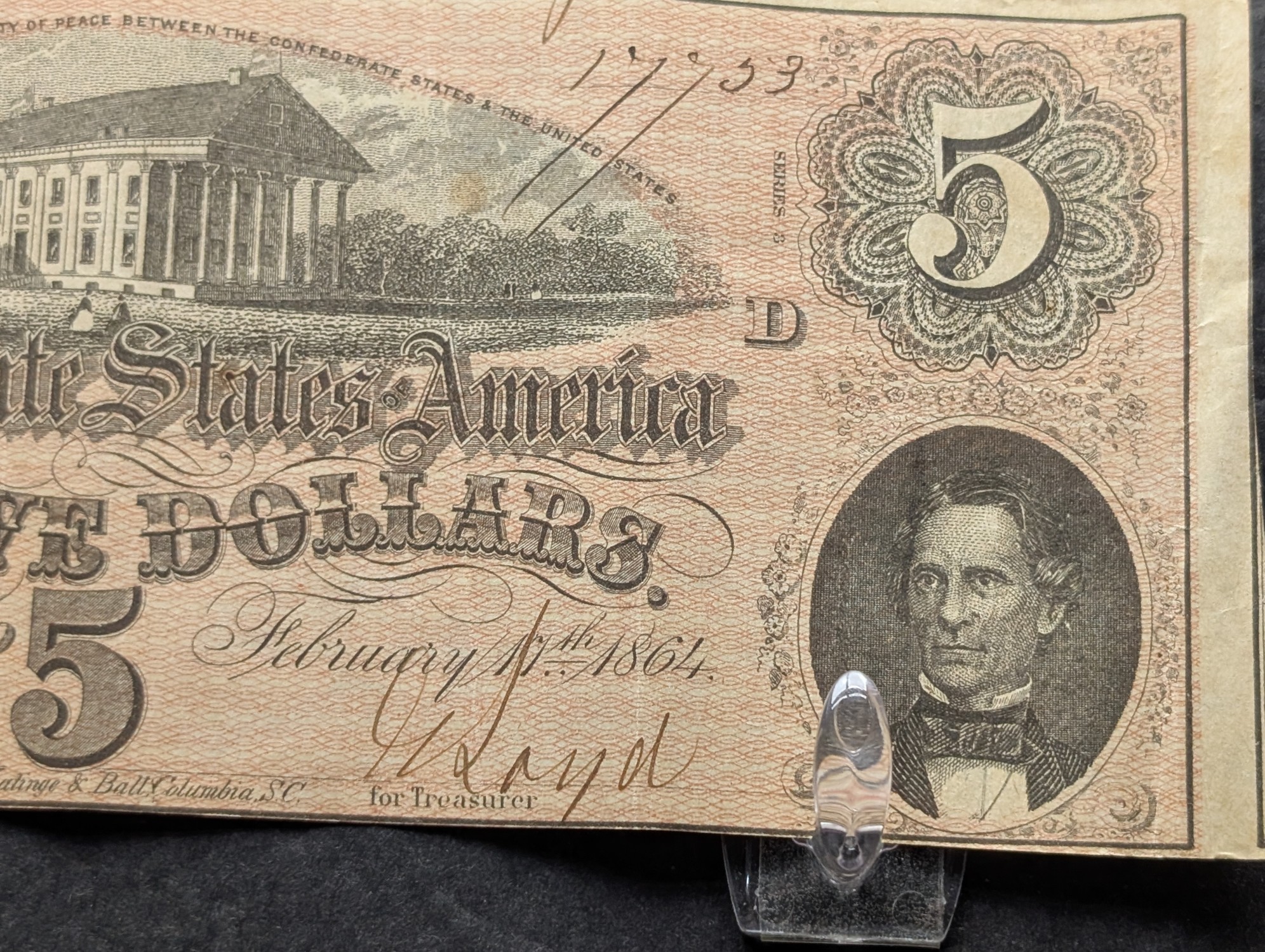 1864 $5 Confederate States of America Note - Very Nice Note