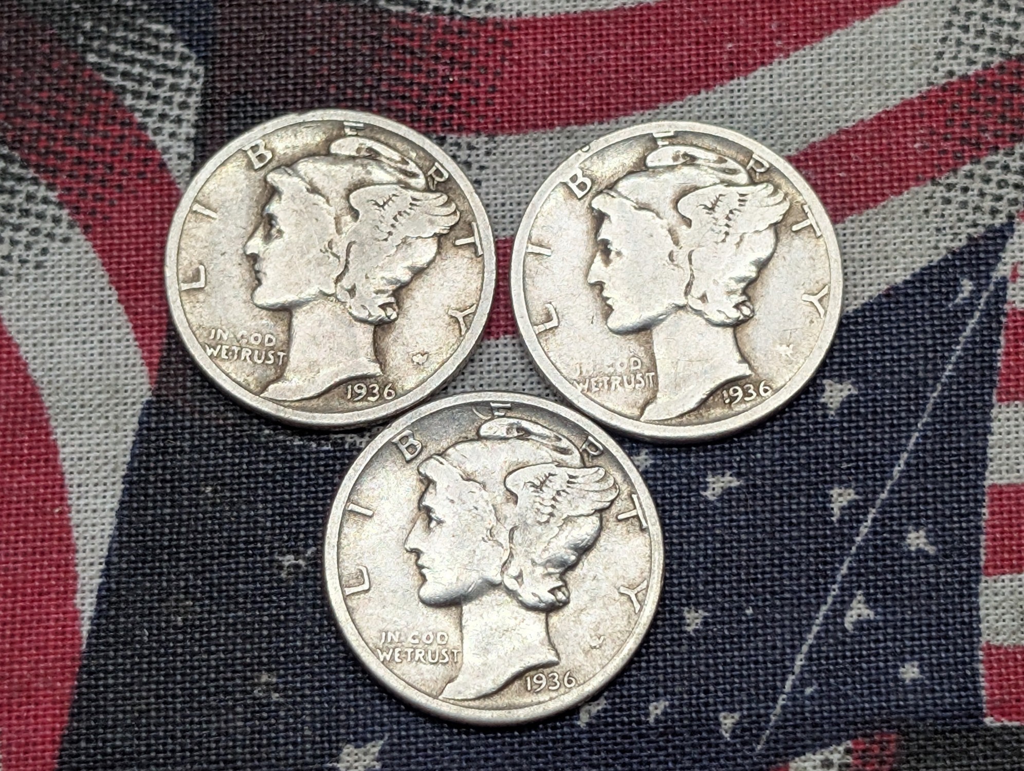 (3) 1936 Mercury Dimes , 90% Silver, 90 Years old