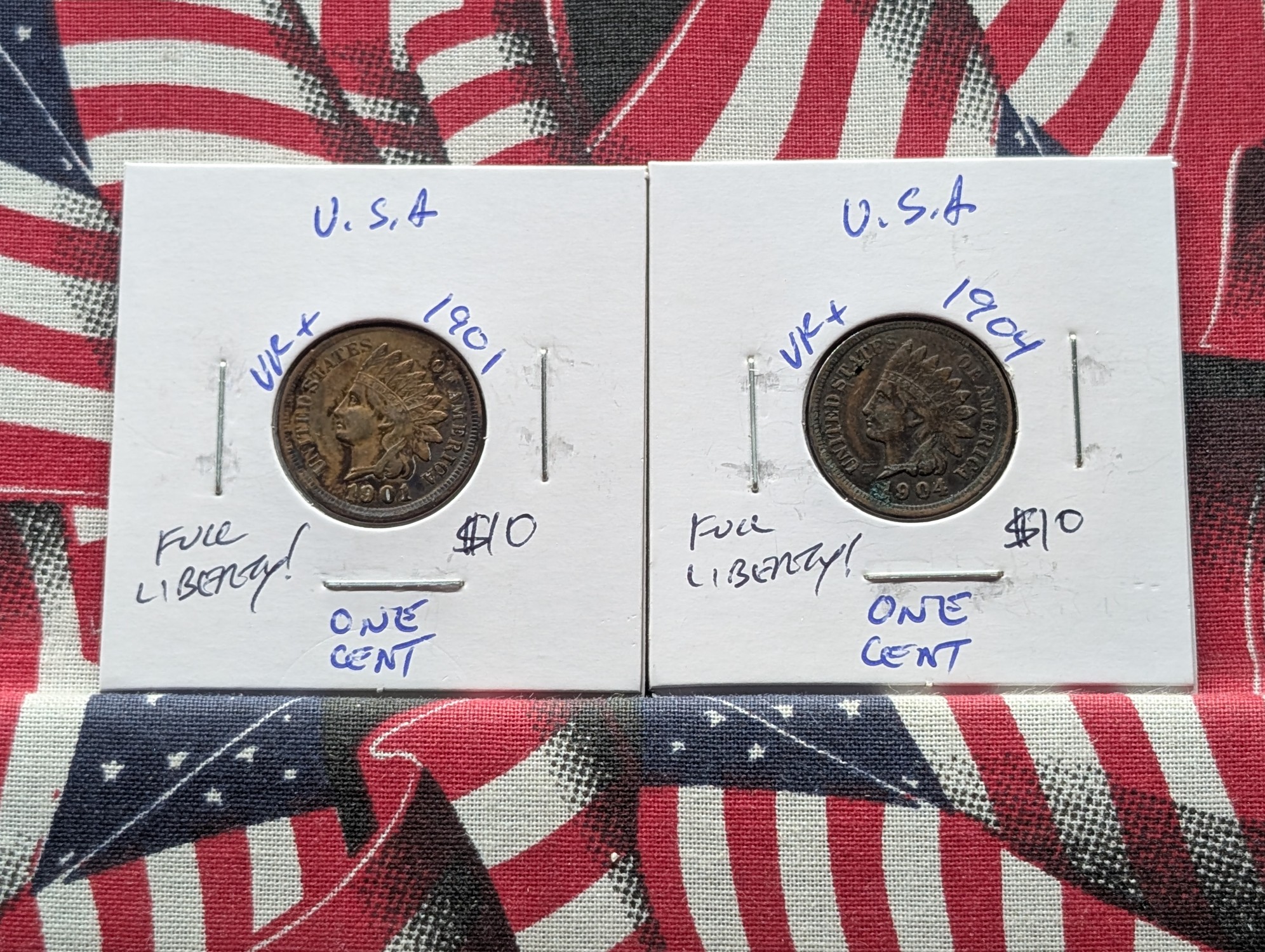 1901 & 1904 Indian Head Cents - Full Liberty w/Diamonds!
