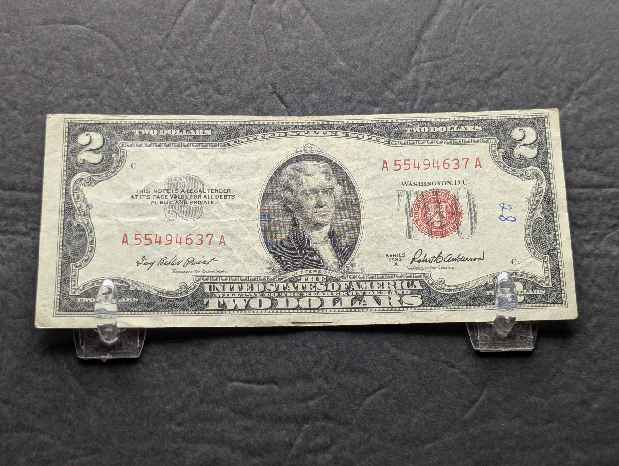 1953 A Series $2 United States Red Seal Banknote