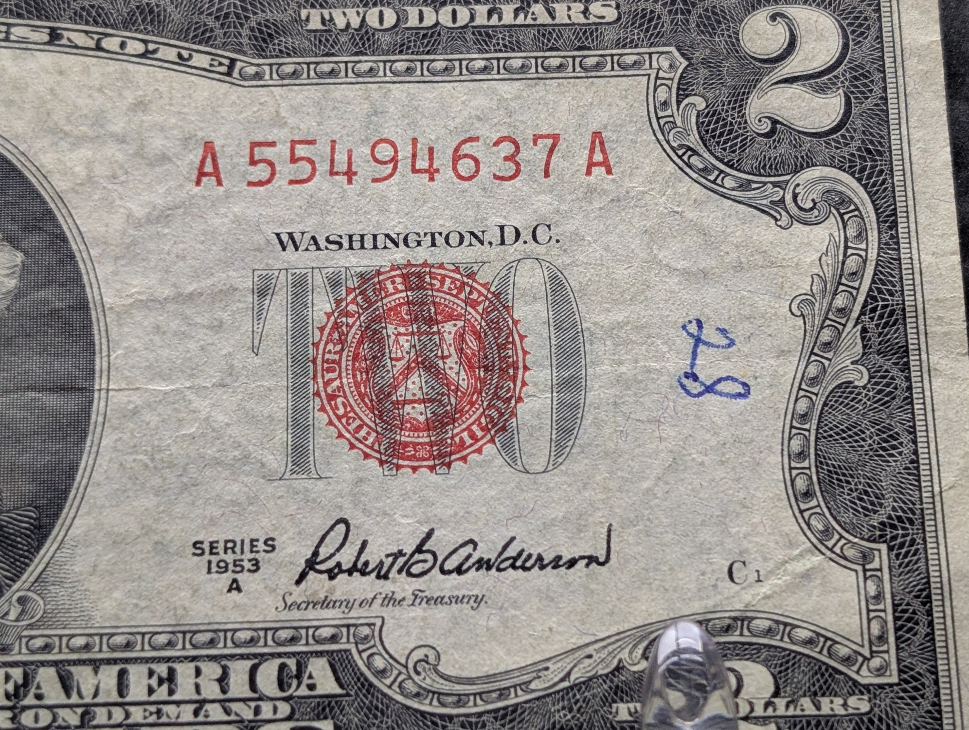 1953 A Series $2 United States Red Seal Banknote
