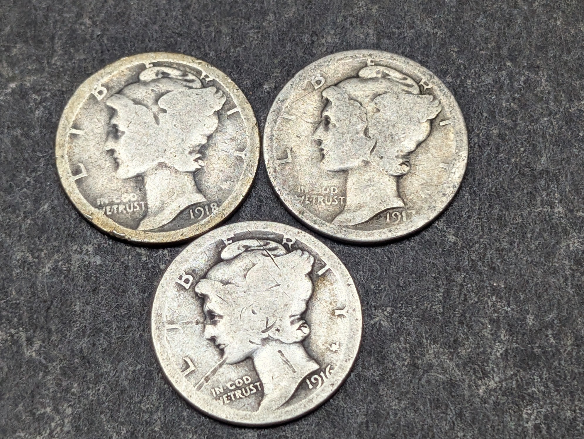 1916, 1917, & 1918 Mercury 90% Silver Dimes