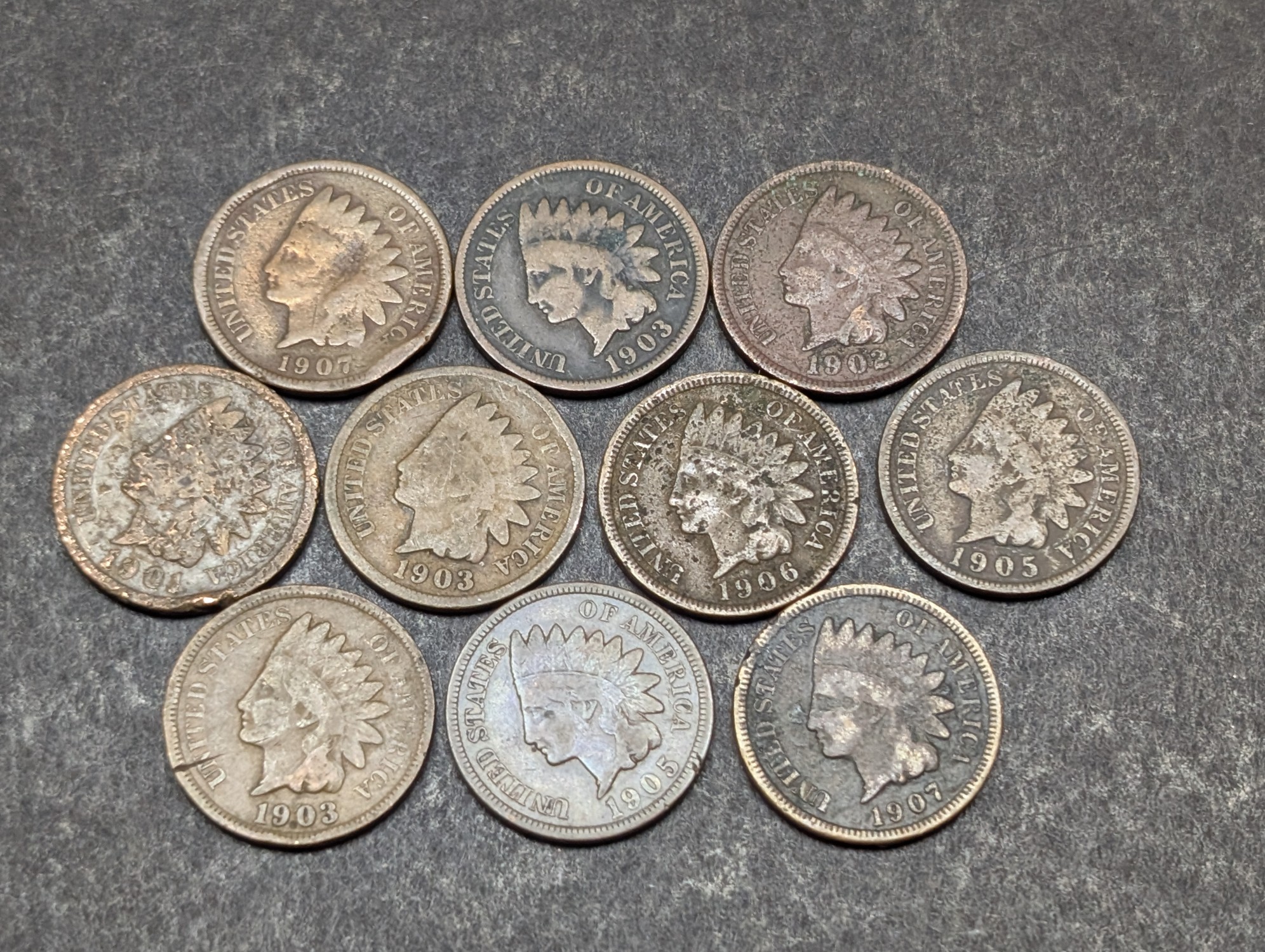 1901, 1902, (3) 1903, (2) 1905, 1906, (2) 1907 Indian Head Cents