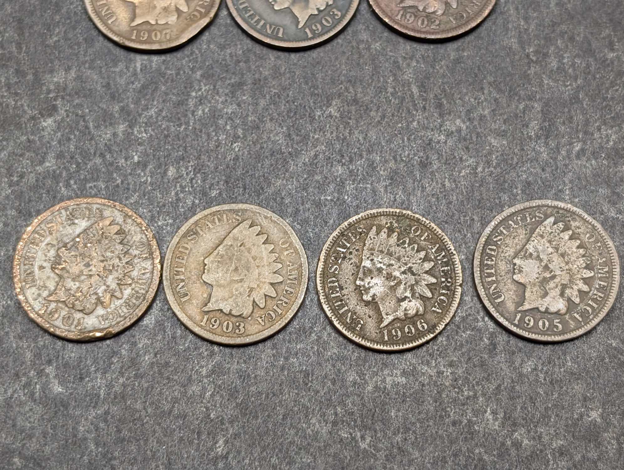 1901, 1902, (3) 1903, (2) 1905, 1906, (2) 1907 Indian Head Cents