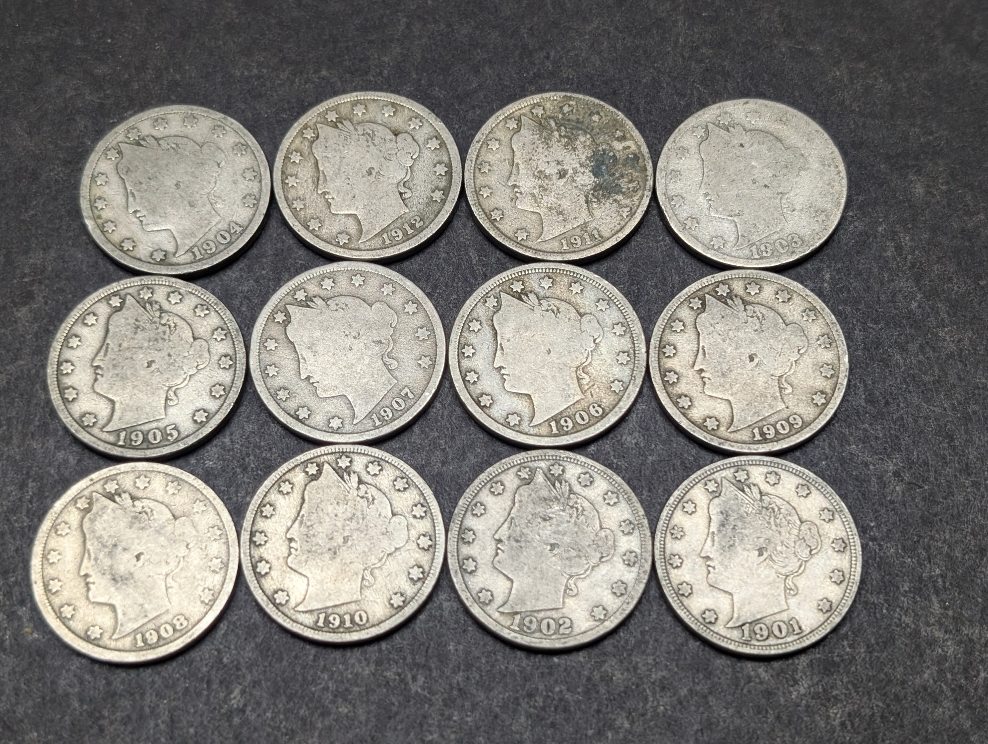 1901-1912 Liberty Head V Nickels - Consecutive Dates - 12 Coins