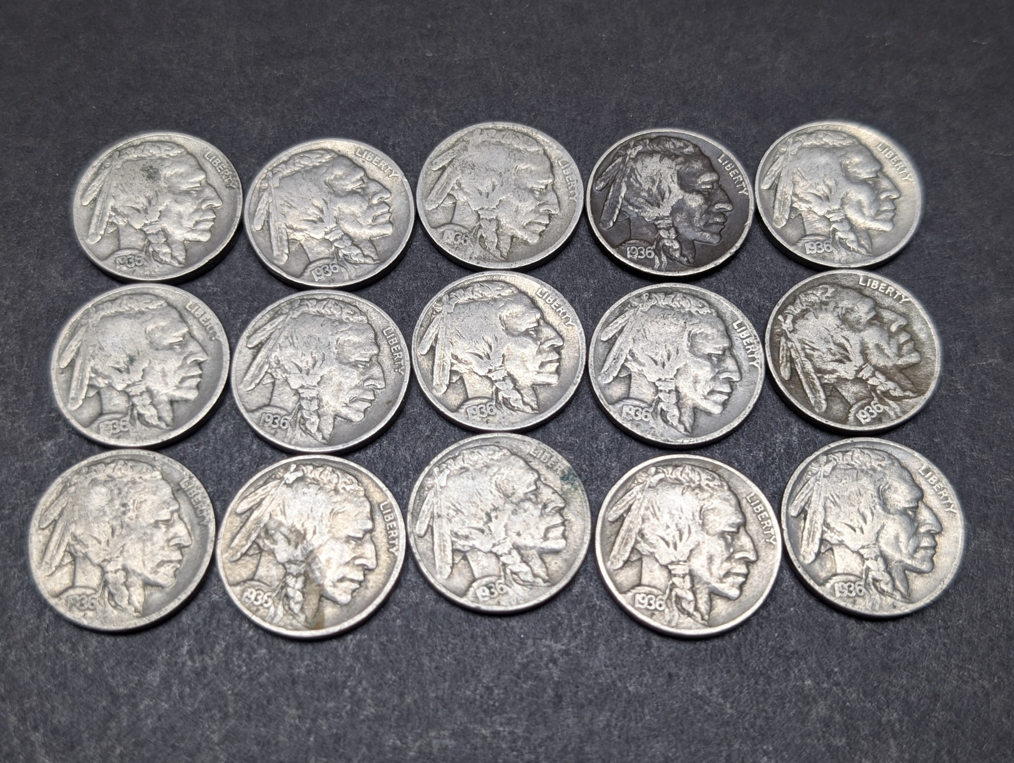 (15) 1936 Indian Head Buffalo Nickels