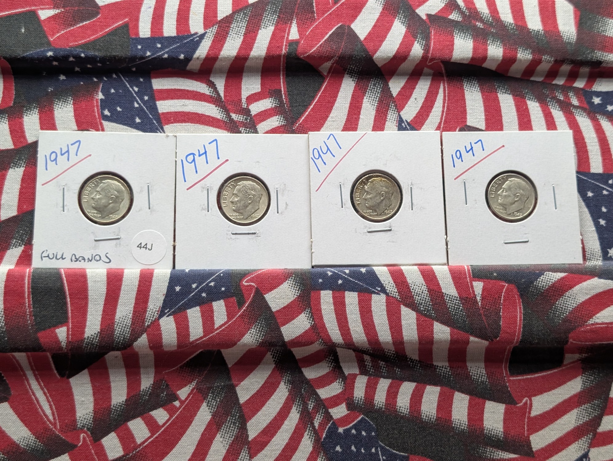 (4) 1947 Roosevelt 90% Silver Dimes - One with Full Bands