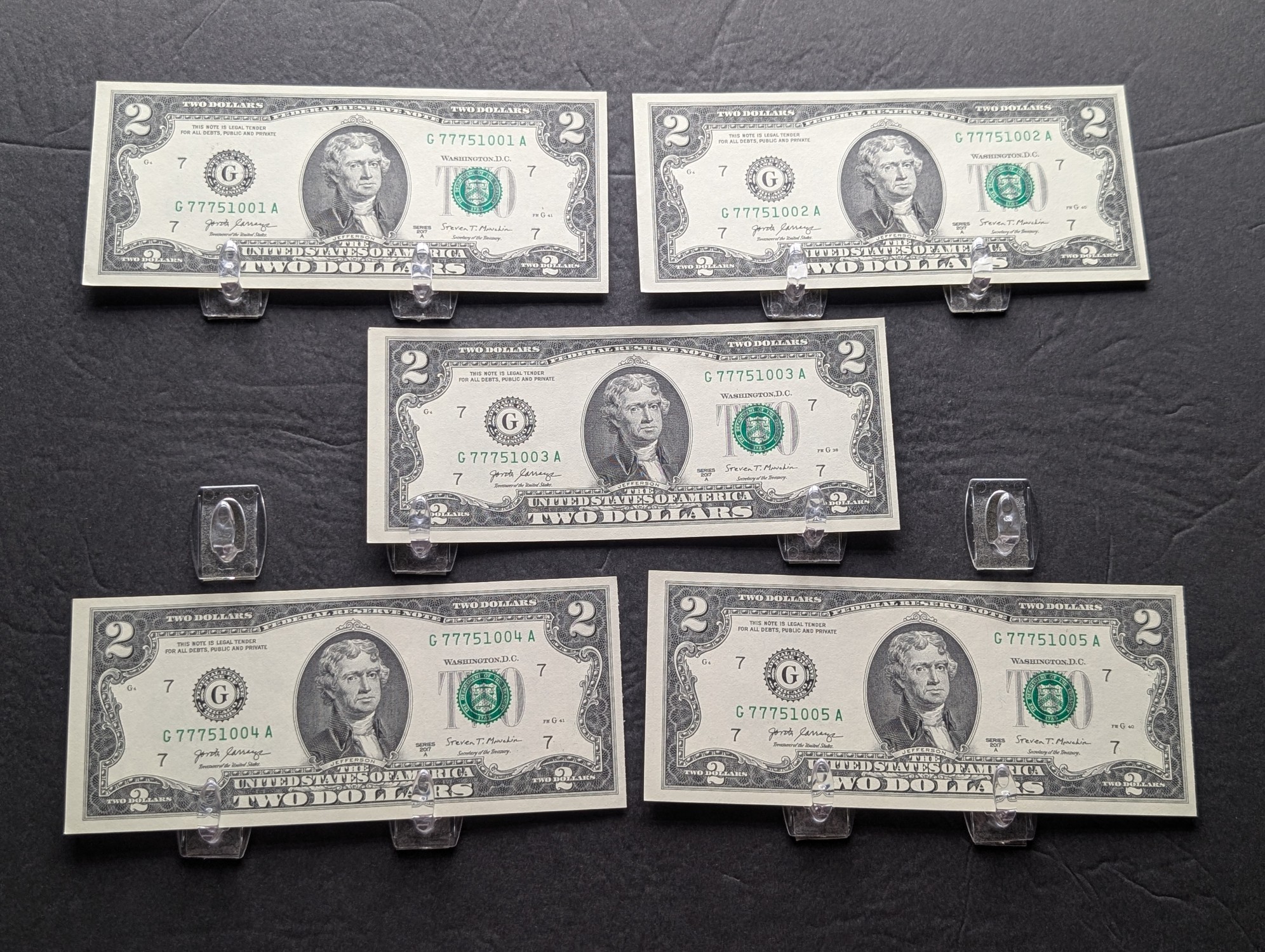 (5) 2017 A Series $2 Bills W/ Consecutive Serial Numbers - Lucky 777's