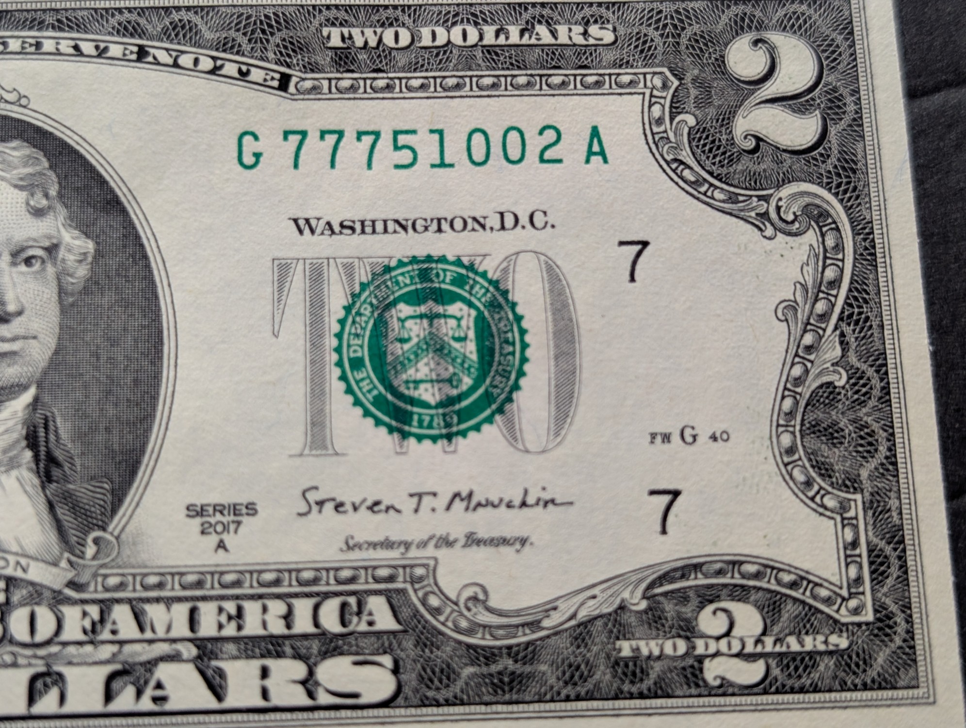 (5) 2017 A Series $2 Bills W/ Consecutive Serial Numbers - Lucky 777's