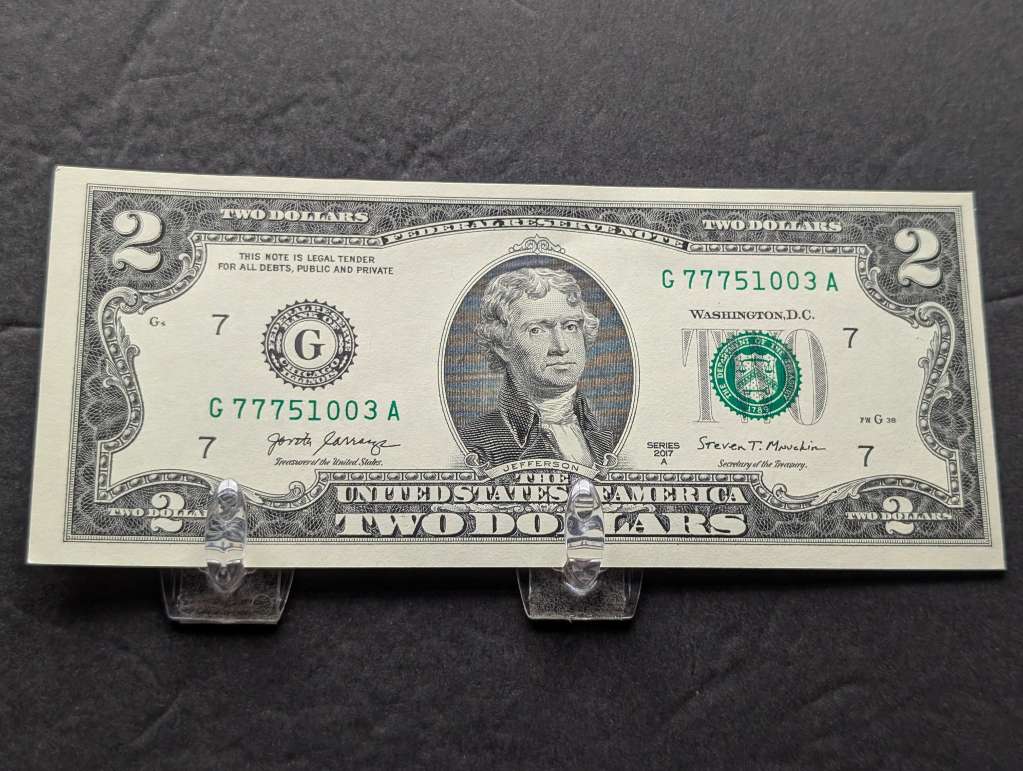 (5) 2017 A Series $2 Bills W/ Consecutive Serial Numbers - Lucky 777's