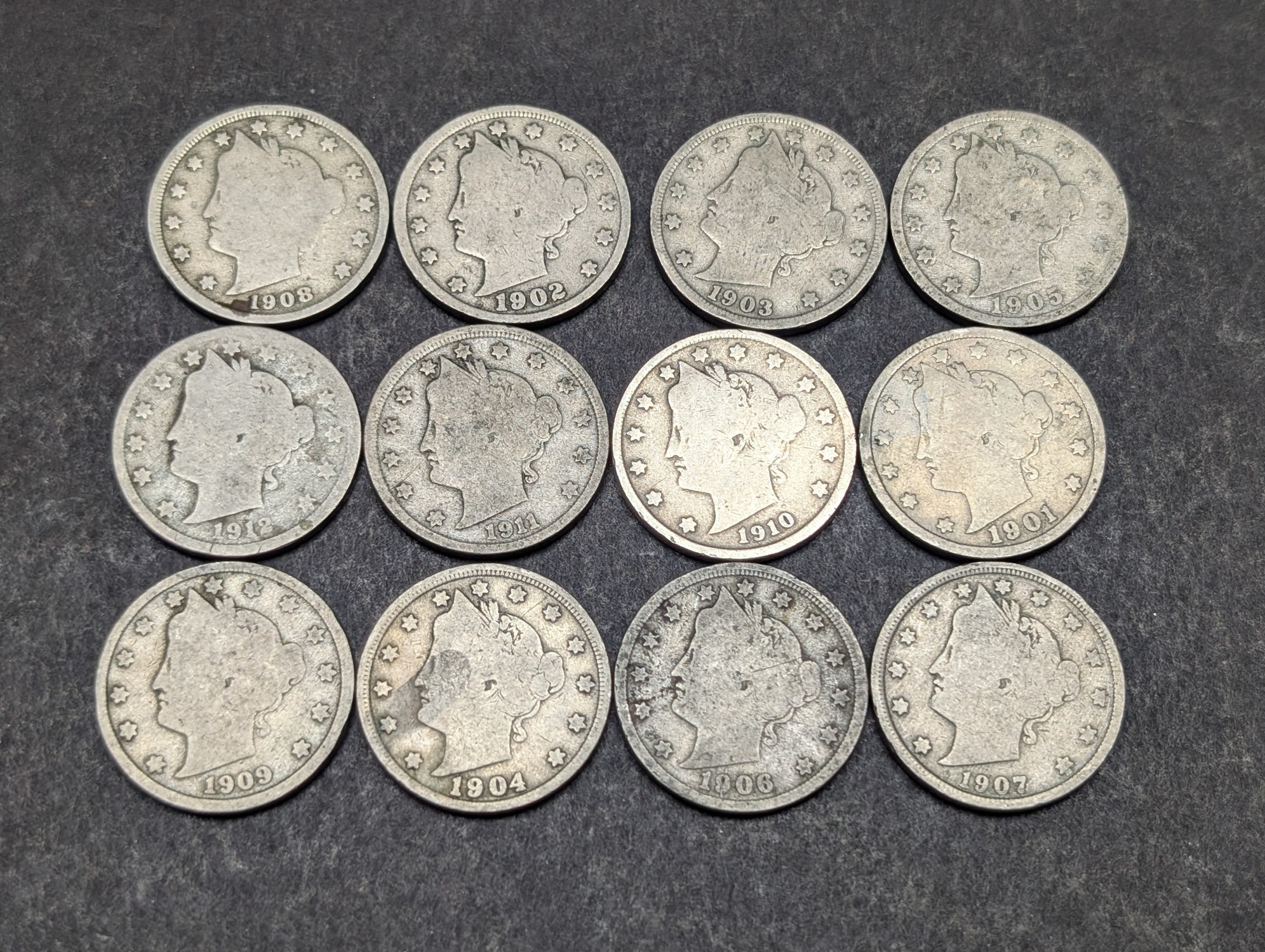 1901-1912 Liberty Head V Nickels - Consecutive Dates - 12 Coins