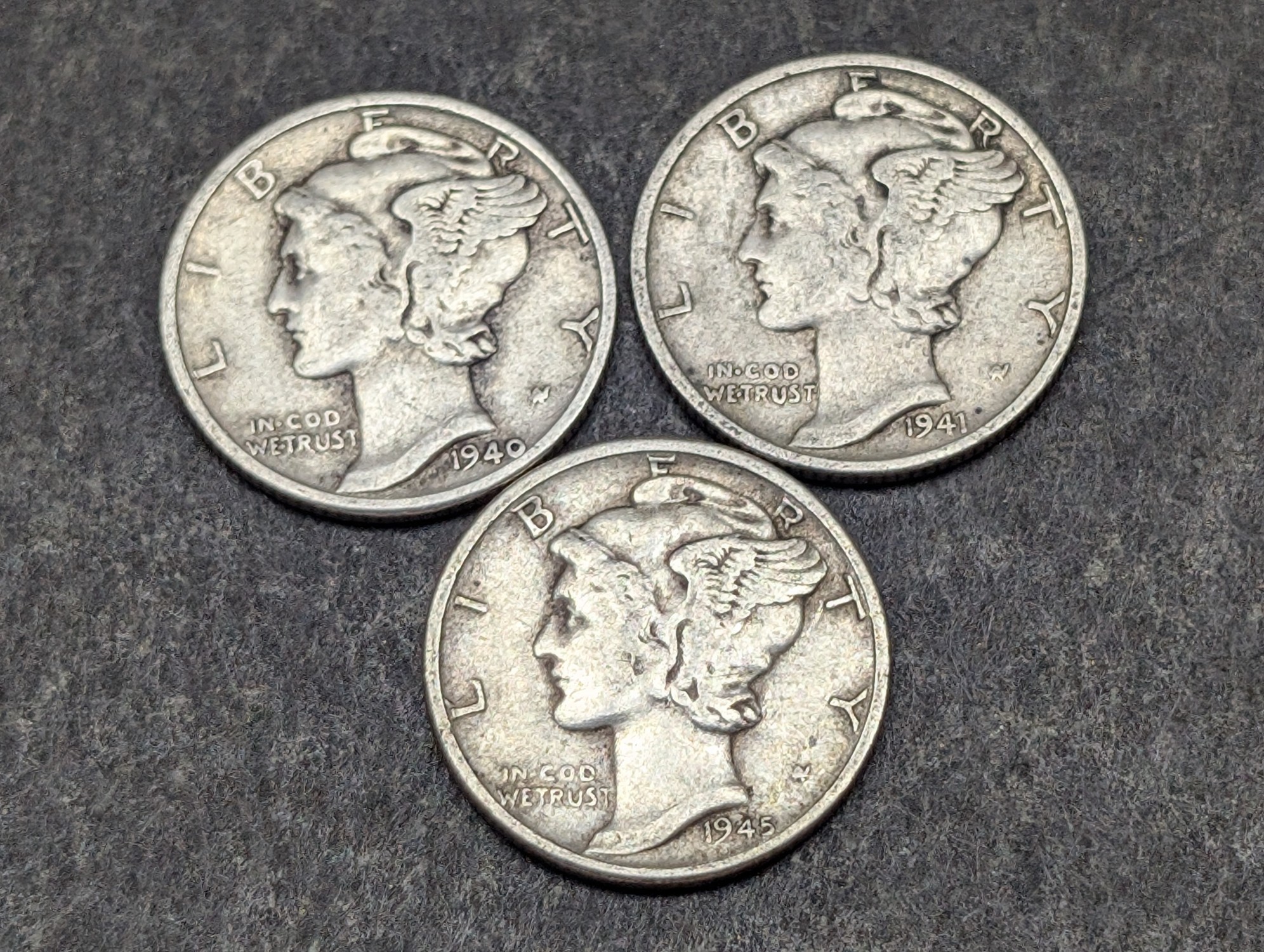 1940, 1941, & 1945 Mercury 90% Silver Dimes