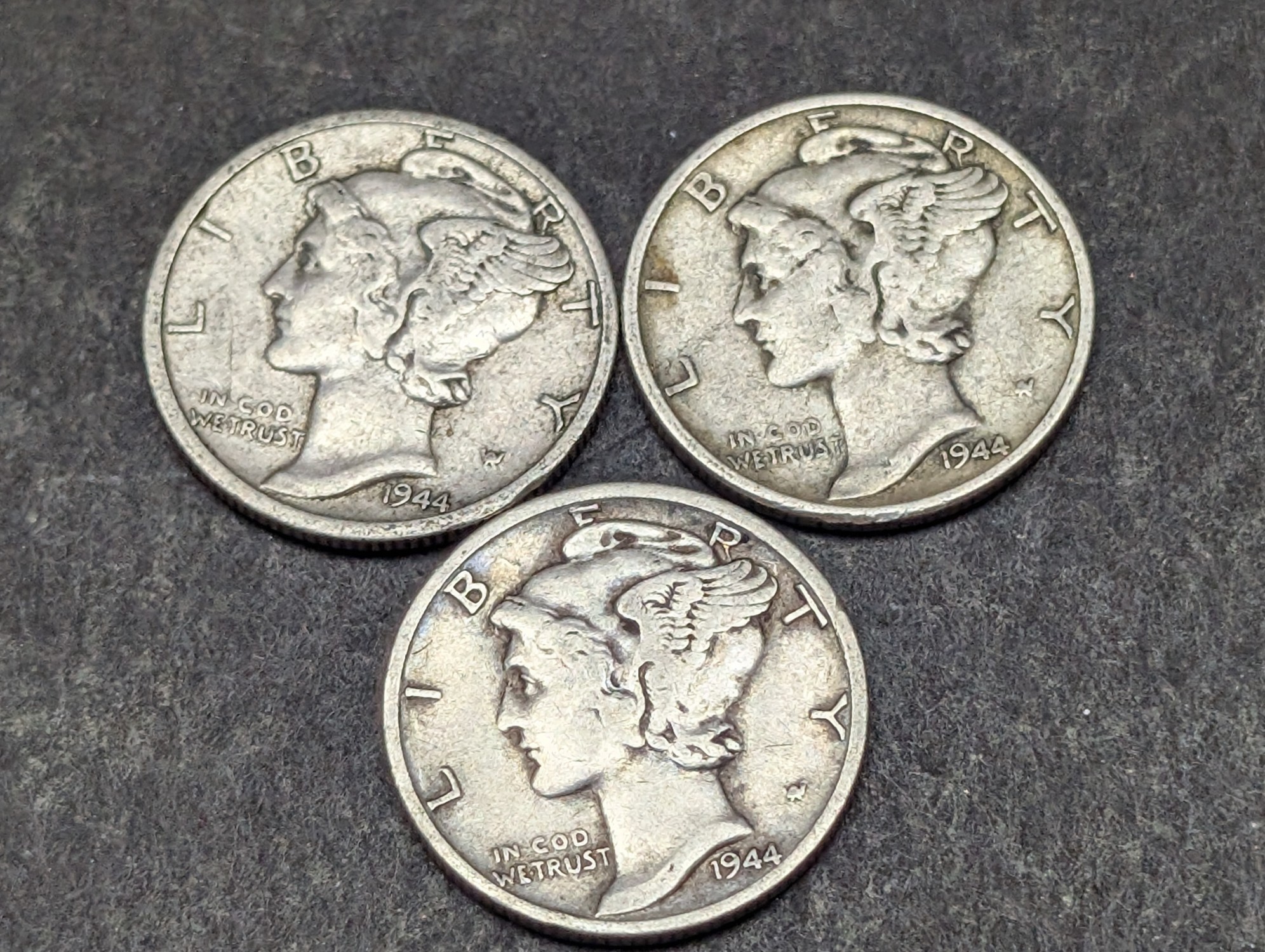 1944-P, D, & S Mercury 90% Silver Dimes