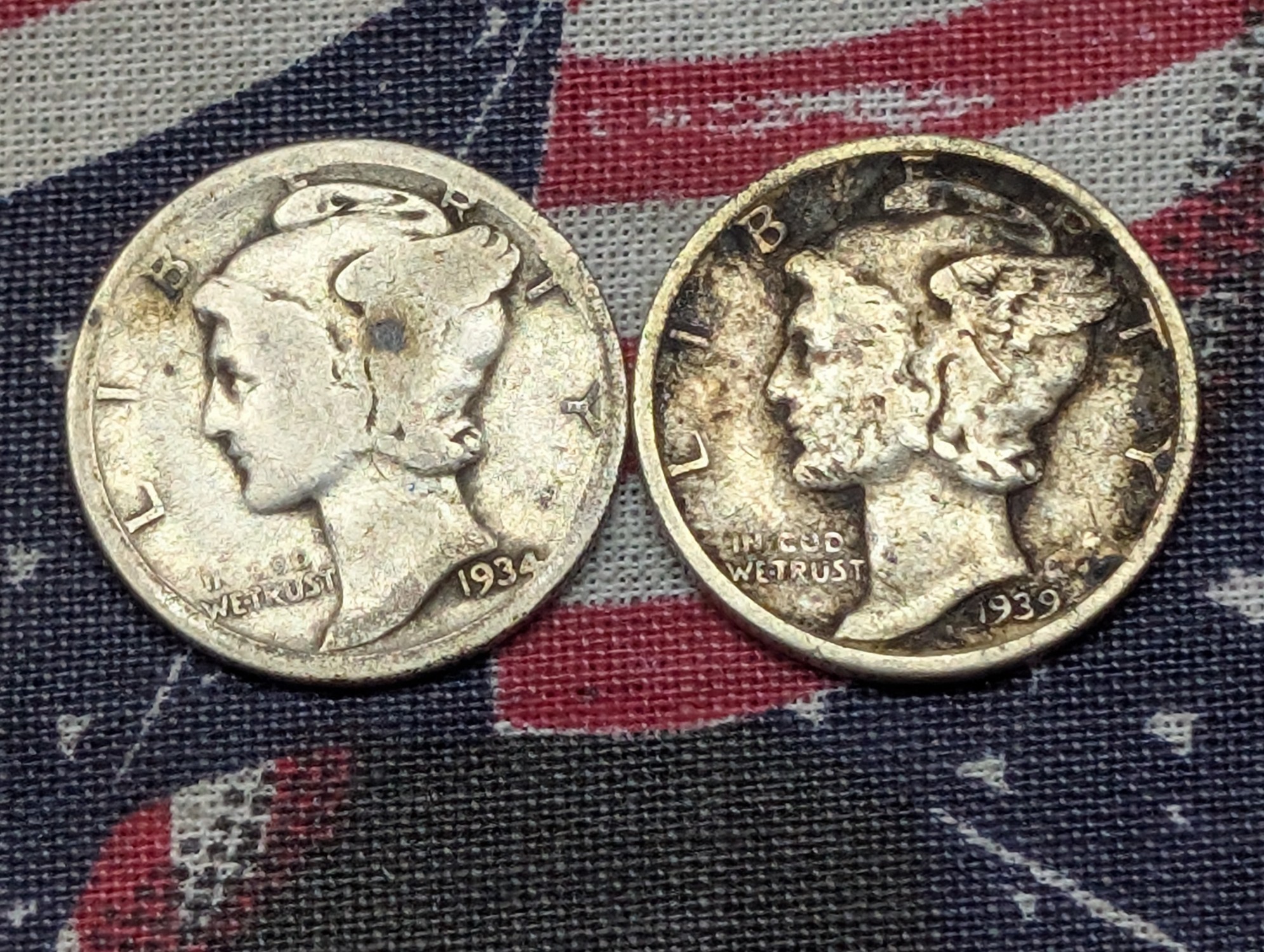 1934 & 1939 Mercury Dimes, 90% Silver