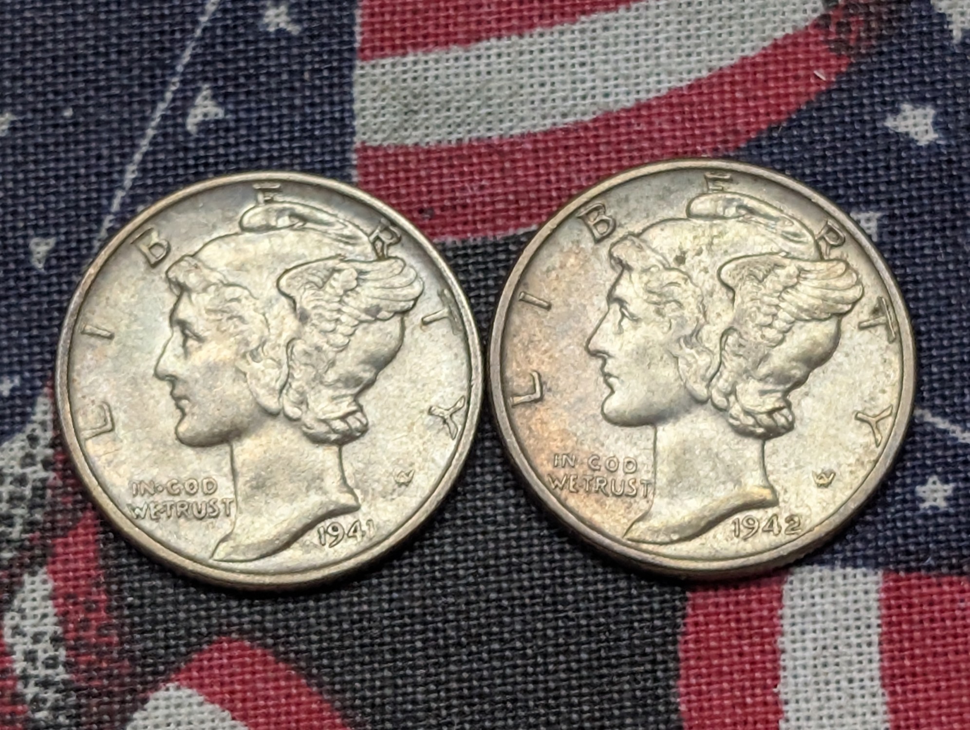 1941 & 1942 Mercury Dimes, 90% Silver