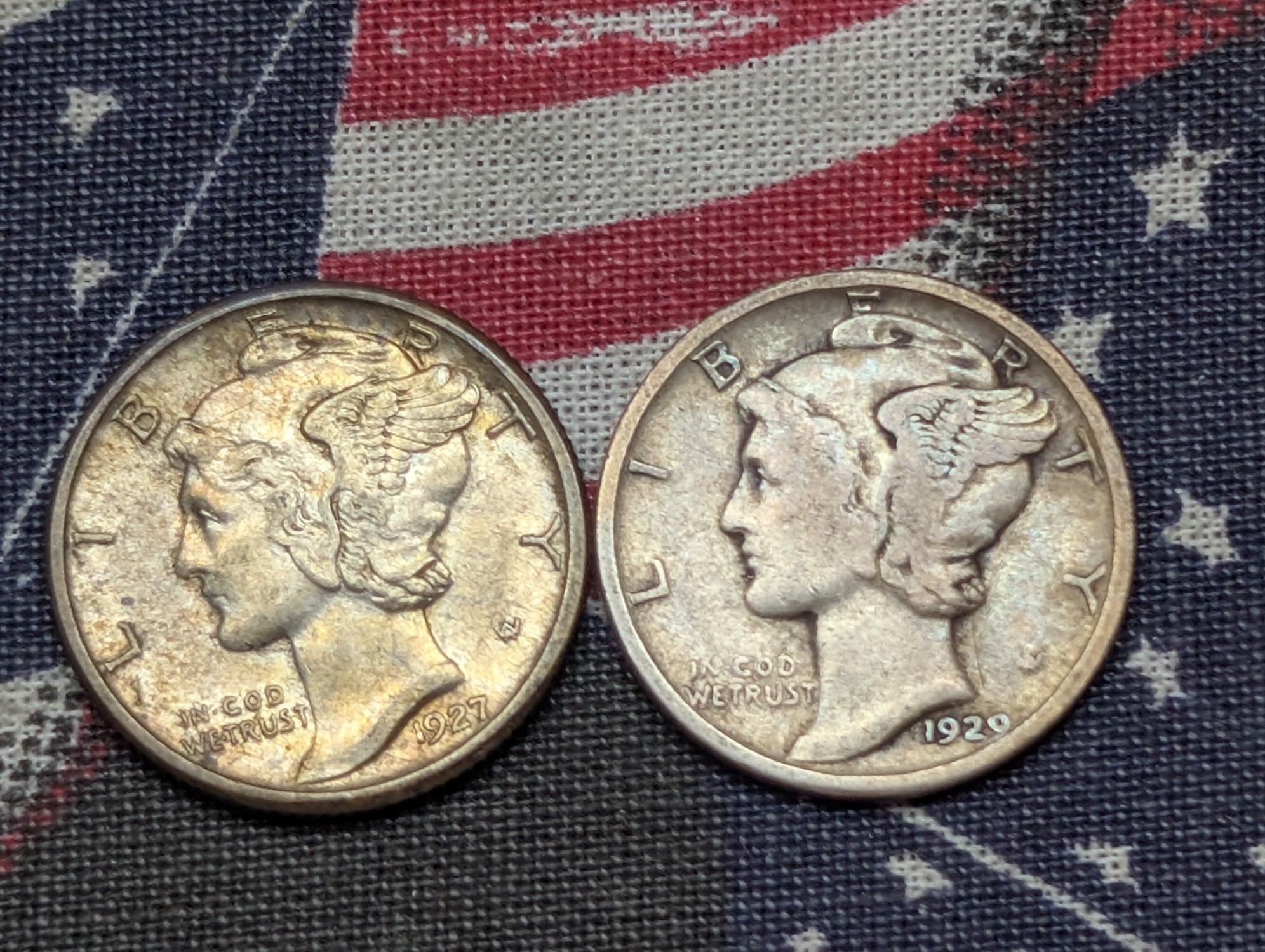 1927 & 1929 Mercury Dimes, 90% Silver