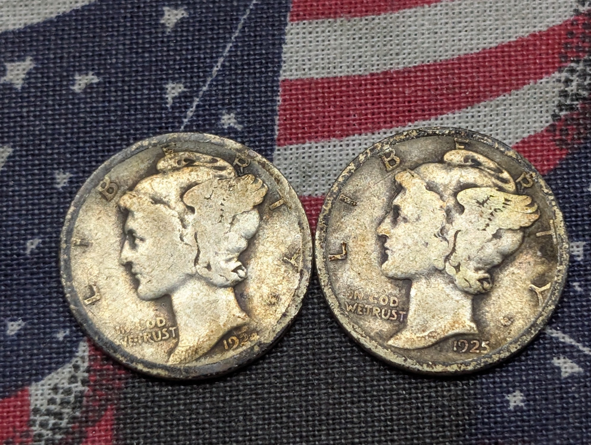 1924 & 1925 Mercury Dimes, 90% Silver