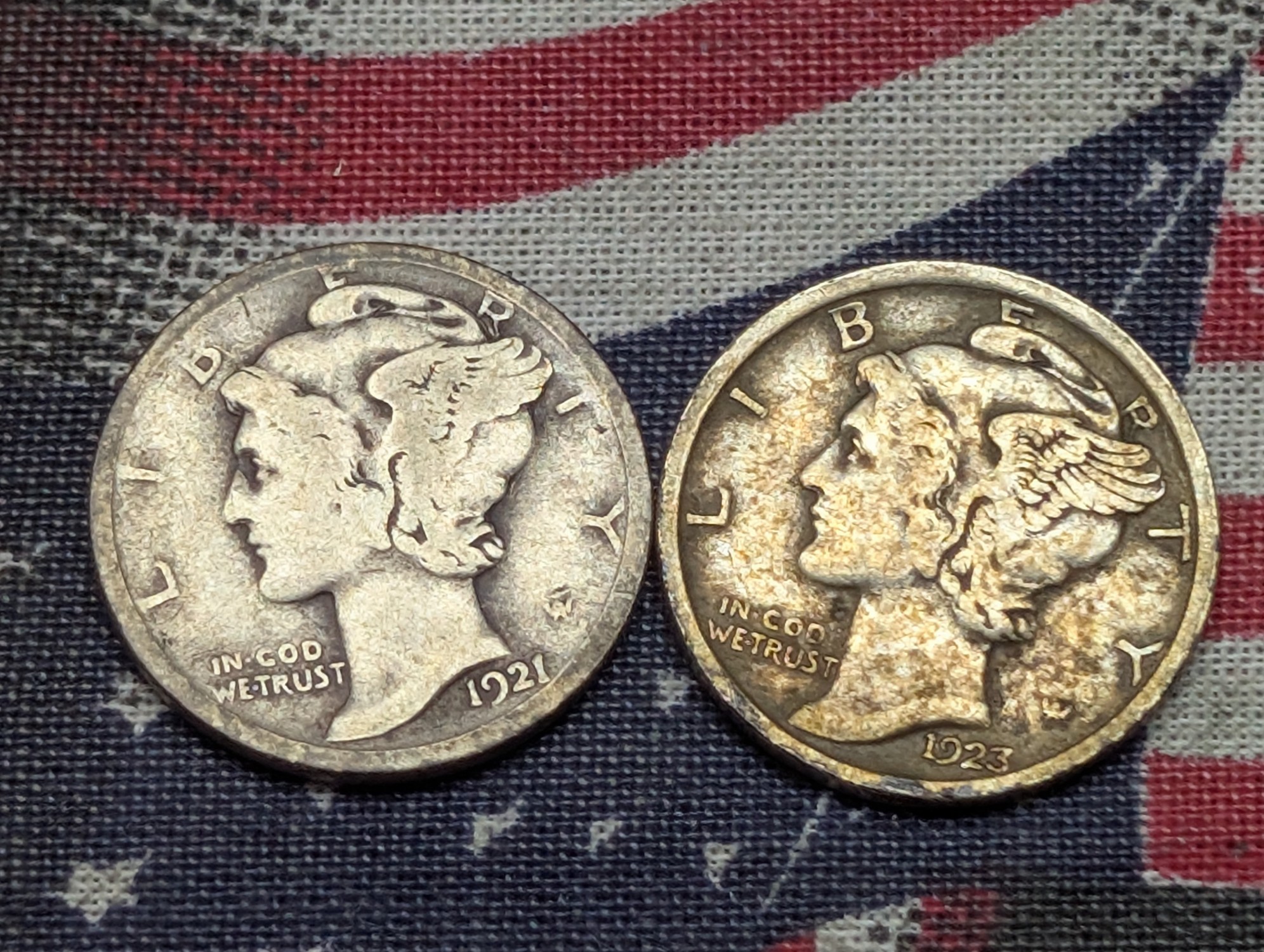 1921-D & 1923 Mercury Dimes, 90% Silver