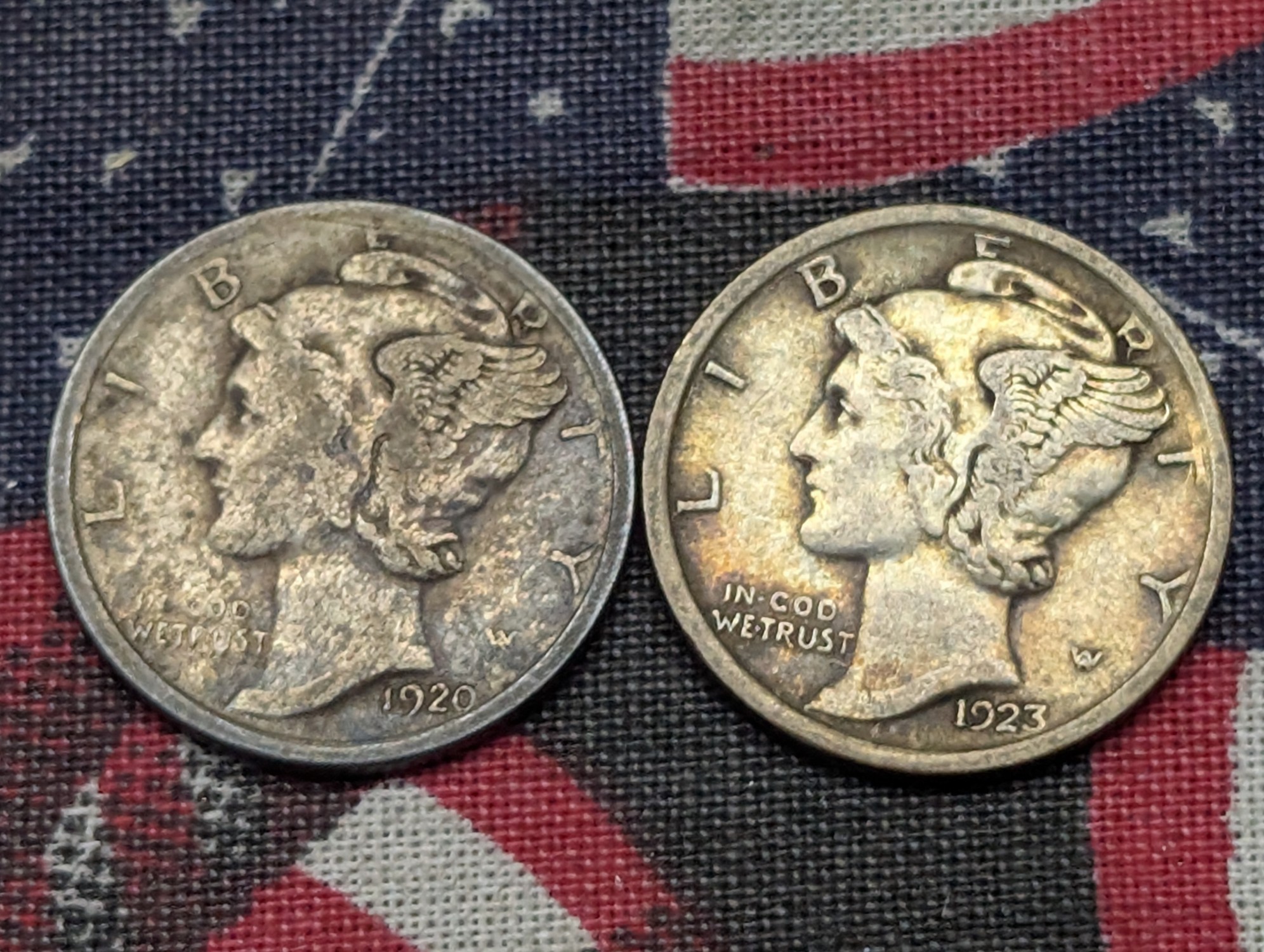 1920 & 1923 Mercury Dimes, 90% Silver