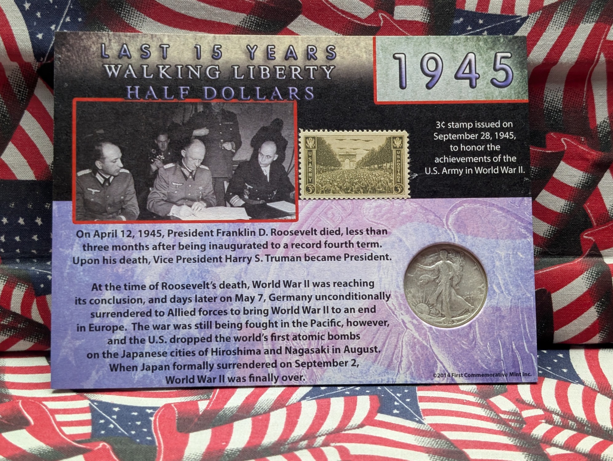 1945-D Walking Liberty 90% Silver Half Dollar with Stamp in Display Card