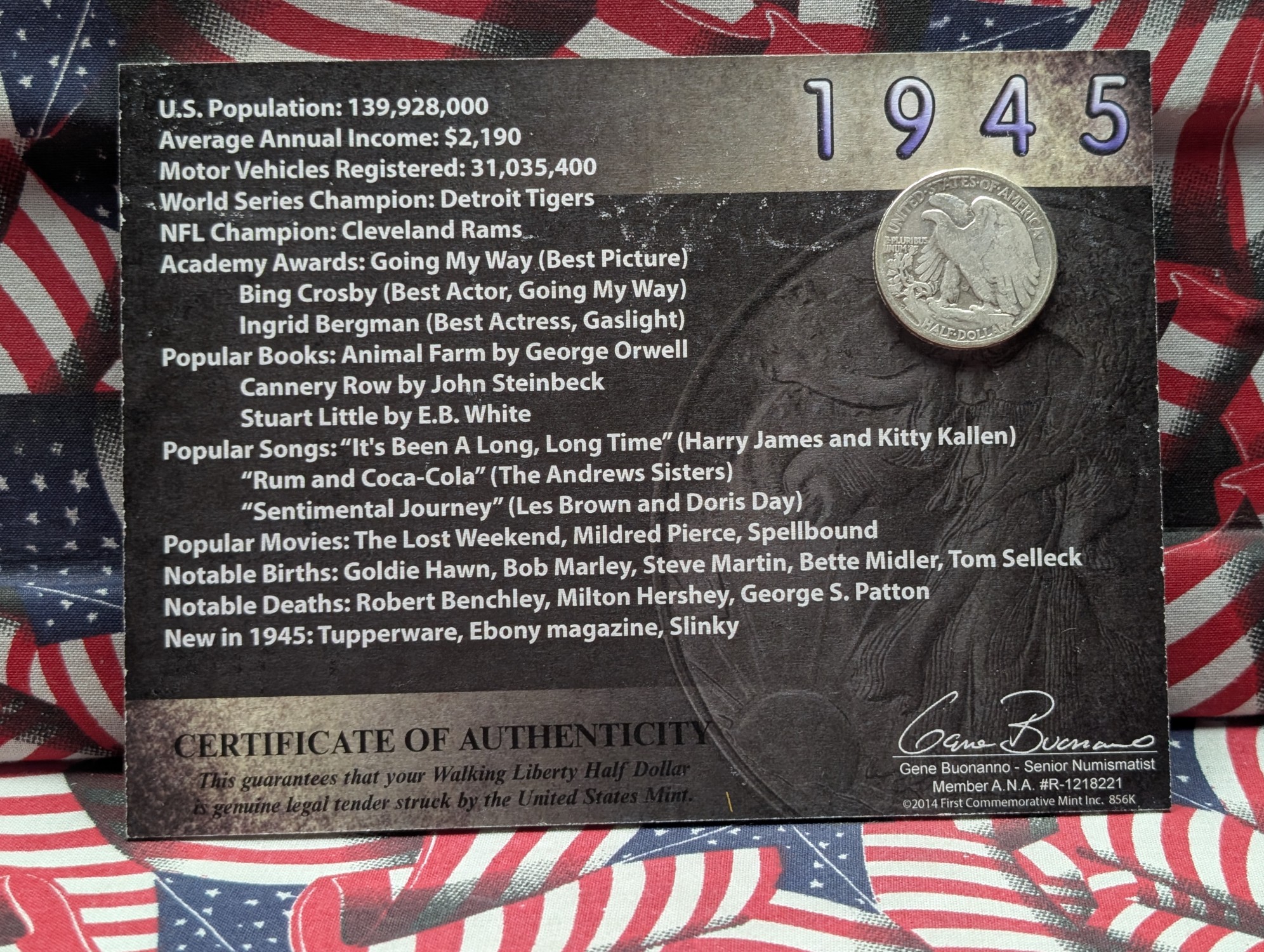 1945-D Walking Liberty 90% Silver Half Dollar with Stamp in Display Card