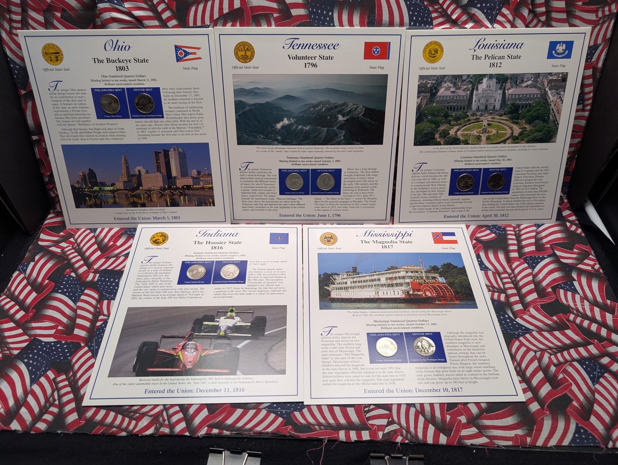 (5) 2002 P&D Uncirculated State Quarter Sets with Stamps in Binder Display Sheets