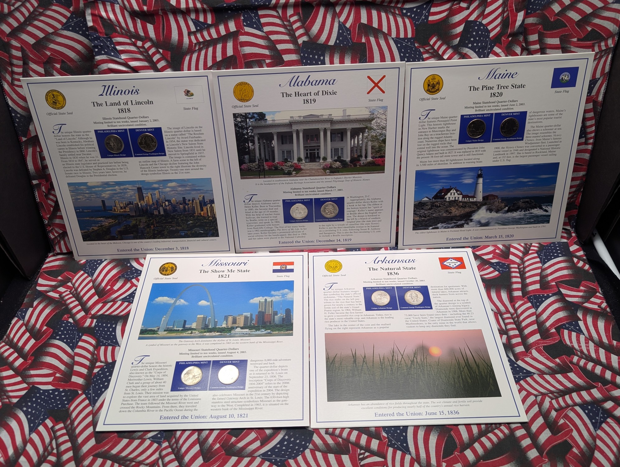 (5) 2003 P&D Uncirculated State Quarter Sets with Stamps in Binder Display Sheets